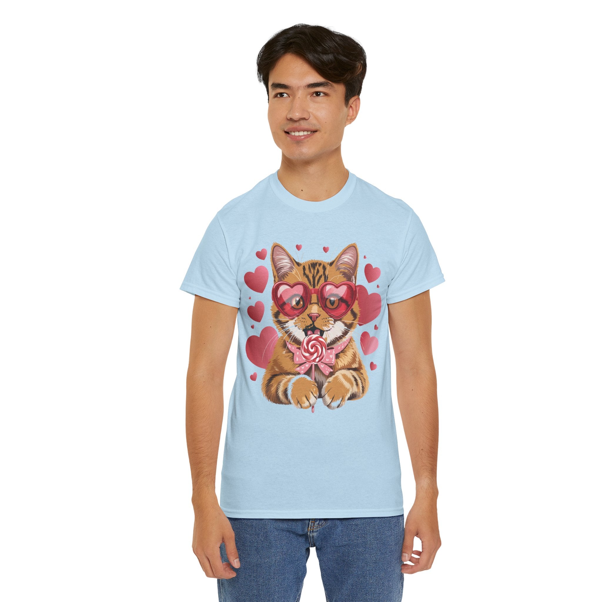 Valentine Cat Tee — Heart Glasses, Lollipop Bow Unisex Cotton Tee