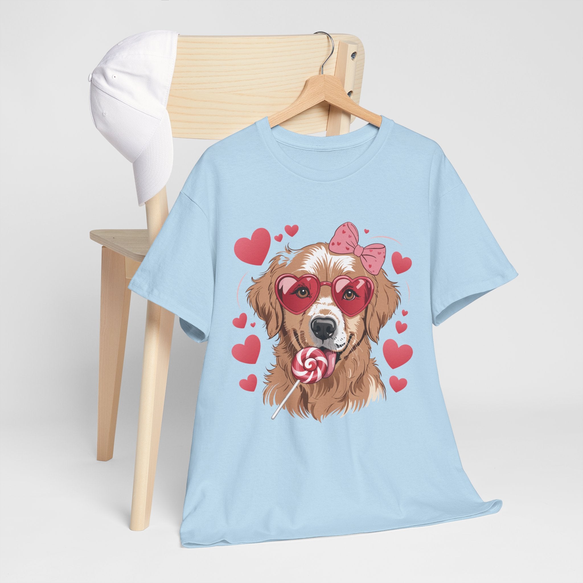 Valentine Dog T-Shirt — Cute Pup with Heart Glasses, Pink Bow & Lollipop..Unisex Cotton Tee