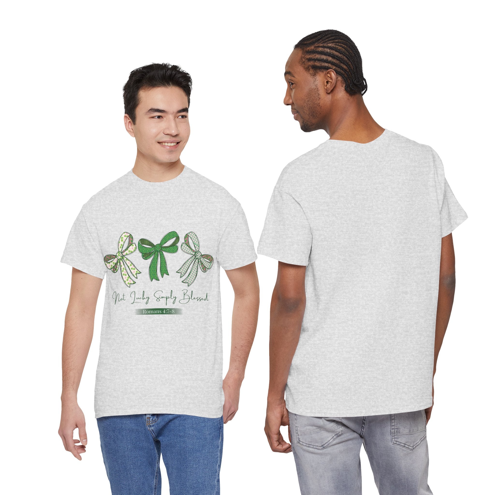 Not Lucky Simply Blessed Tee — Romans 4:7-8 Green Bow Christian Unisex Cotton T-Shirt