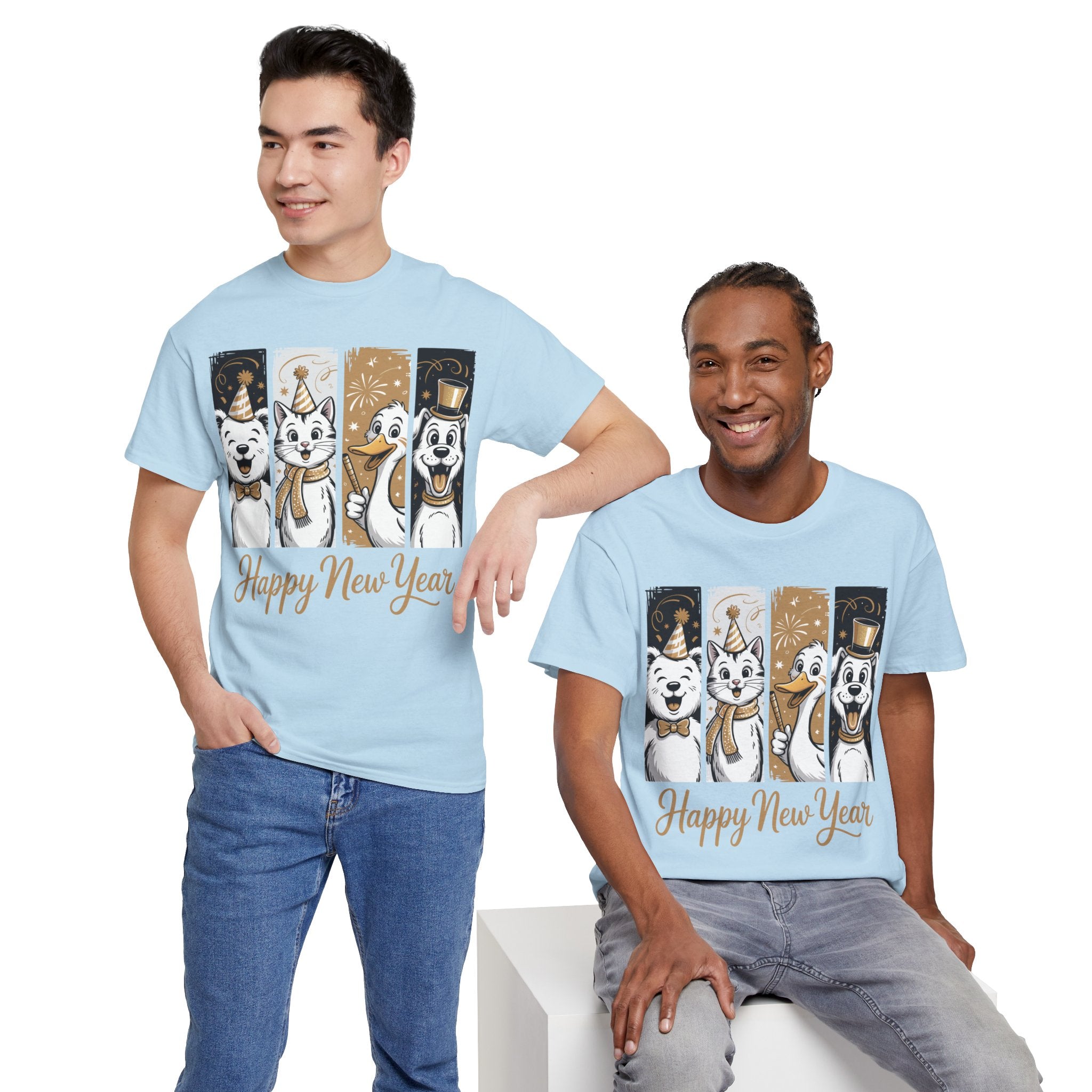 Happy New Year Party Animals T-Shirt — Cute Smiling Animals in Party Hats & Gold Fireworks..Unisex Cotton Tee