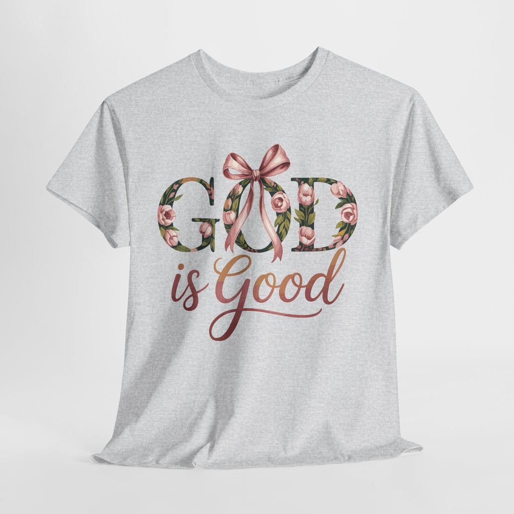 God Is Good Pink Rose Tee — Floral Ribbon Faith Unisex Cotton T-Shirt