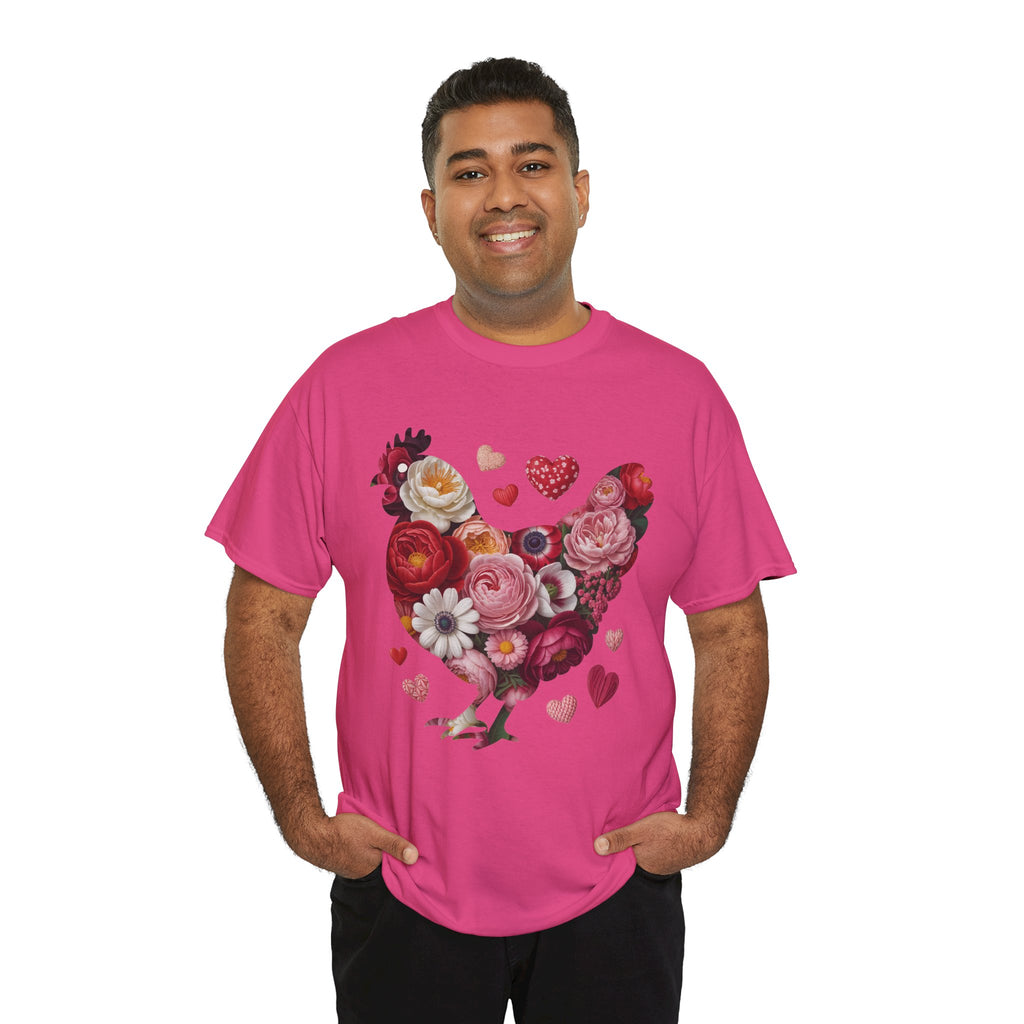 Floral Chicken Heart Tee — Red & Pink Flower Silhouette Unisex Cotton Tee
