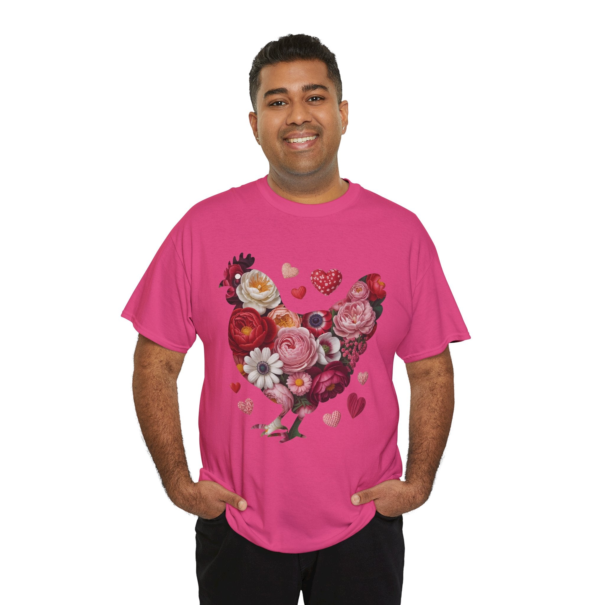 Floral Chicken Heart Tee — Red & Pink Flower Silhouette Unisex Cotton Tee