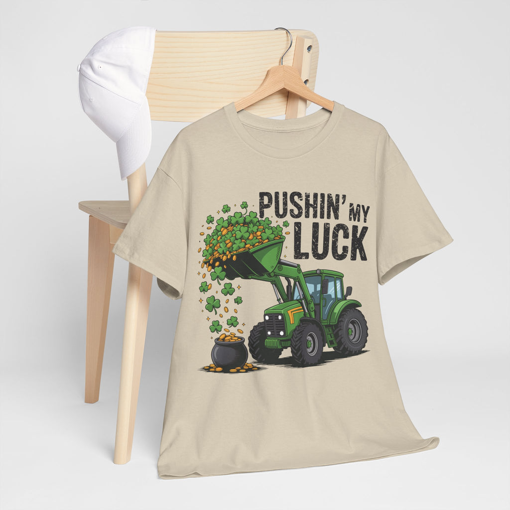 Pushin' My Luck Shamrock Tractor Tee — St. Patrick's Day Unisex Cotton T-Shirt