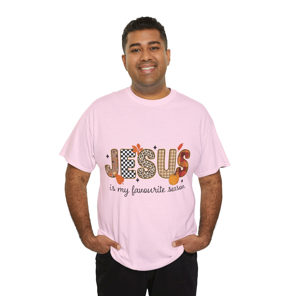 Jesus Is My Favorite Season Tee — Autumn Plaid & Leopard Lettering Unisex Cotton Tee