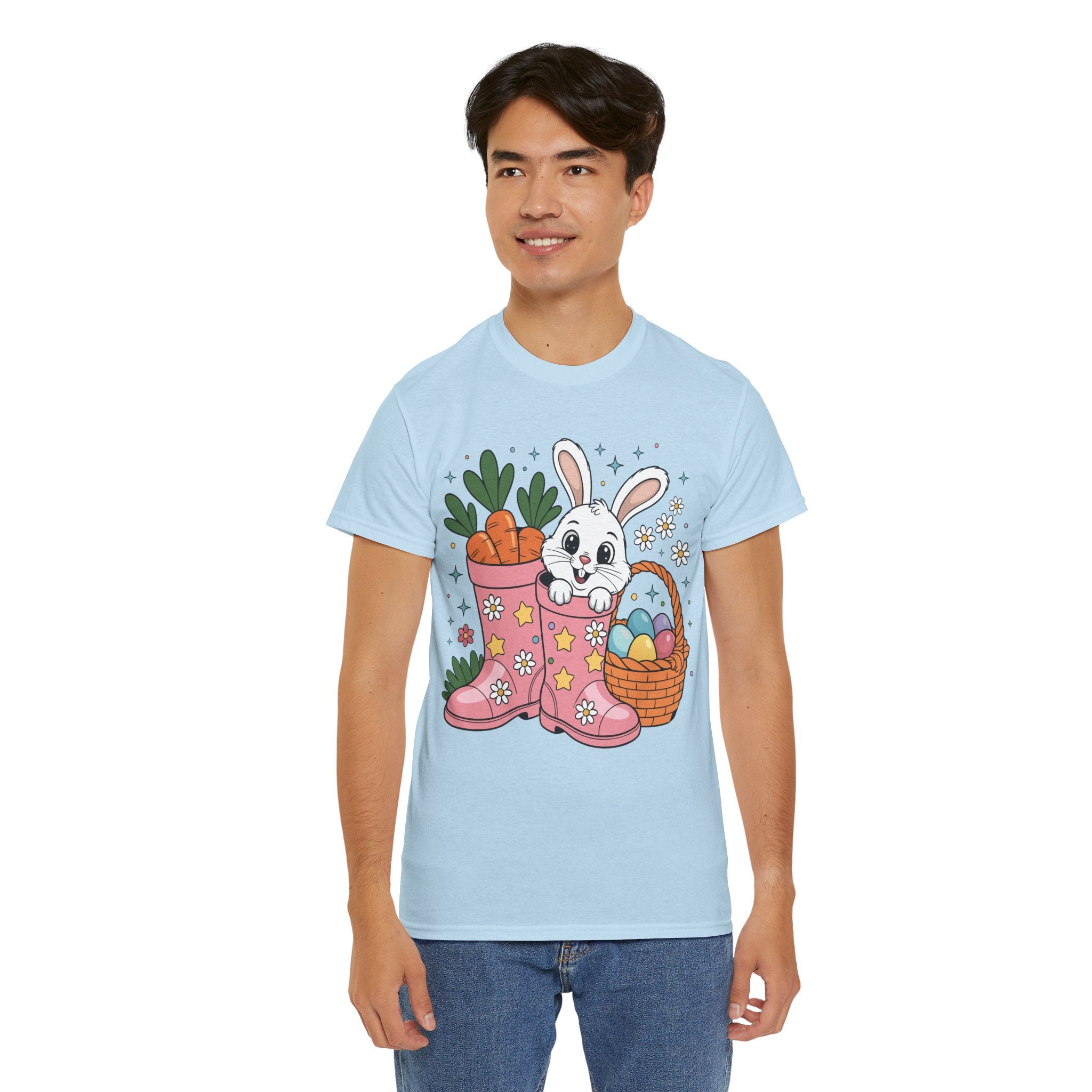 Easter Bunny in Pink Rain Boots T-Shirt — Cartoon Bunny, Carrots & Colorful Eggs Unisex Cotton Tee