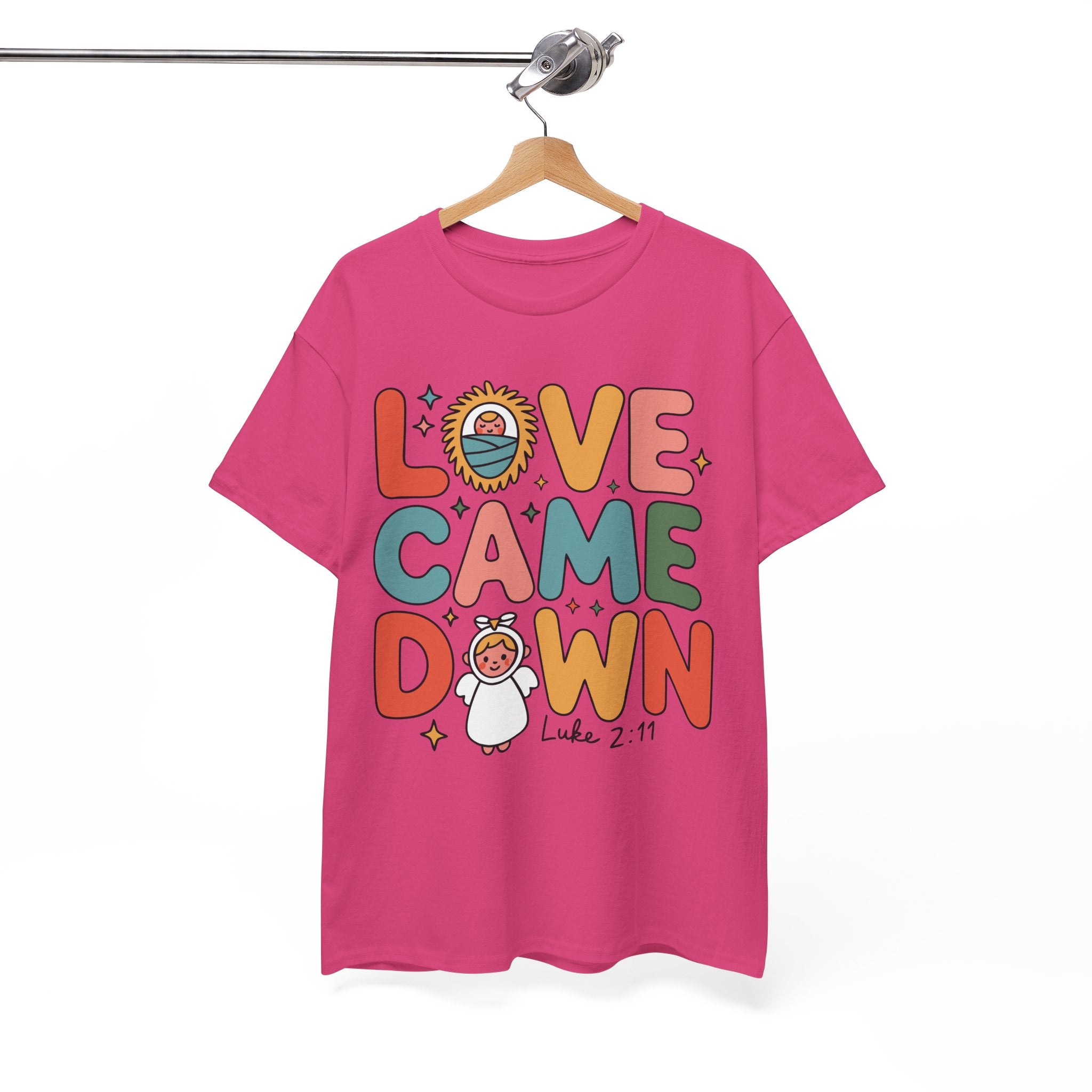 Love Came Down Christmas Tee — Baby Jesus Manger Angel (Luke 2:11)..Unisex Cotton Tee