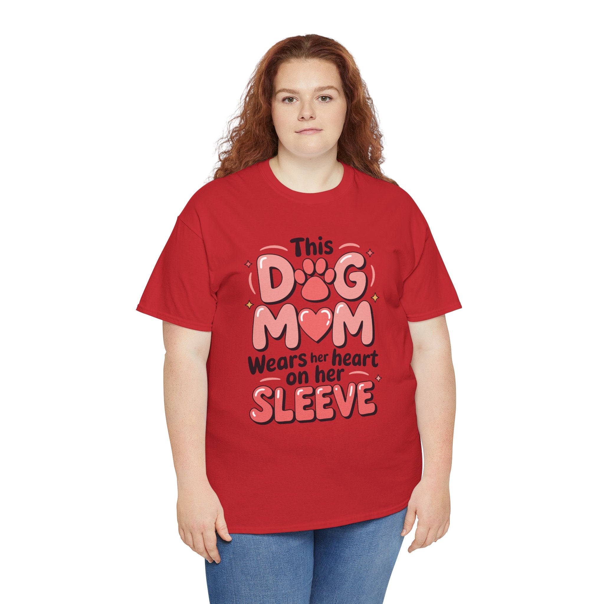 Dog Mom T-Shirt — "This Dog Mom Wears Her Heart on Her Sleeve" Paw & Heart Unisex Cotton Tee