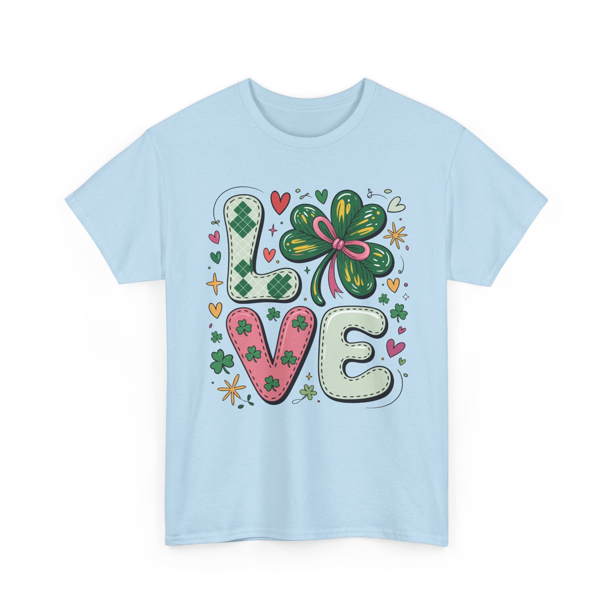 Stitched Clover 'LOVE' Tee — Heart & Patchwork St. Patrick's Unisex Cotton T-Shirt