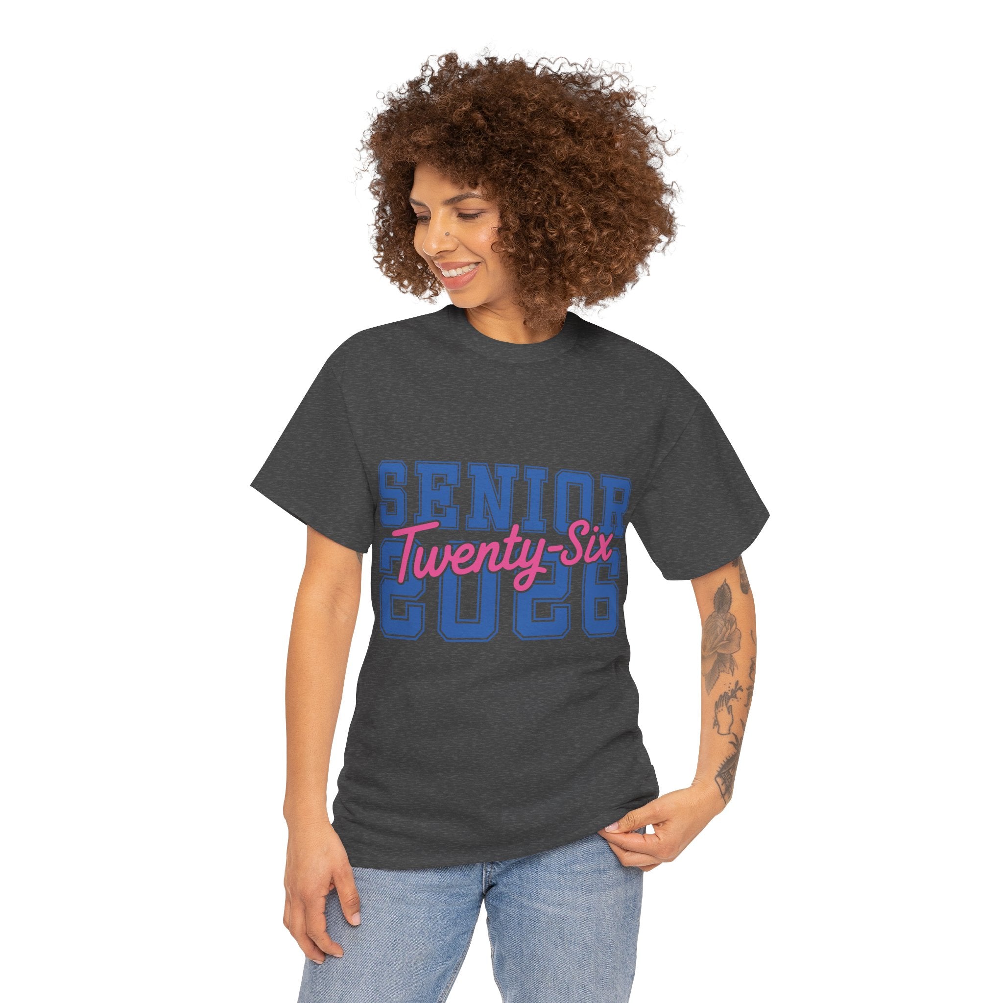 Senior 2026 Tee — Pink Varsity Block with Blue Script Overlay Unisex Cotton Tee