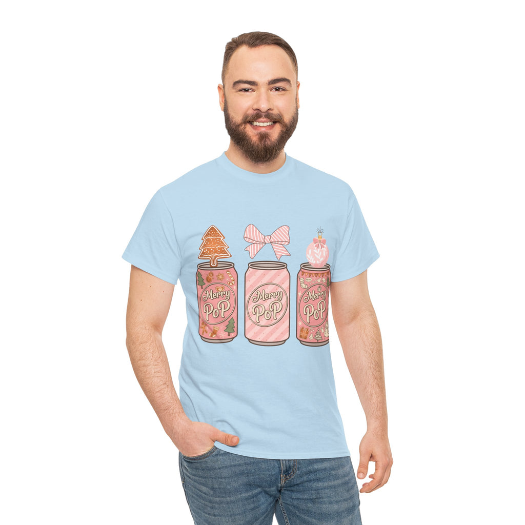 Merry Pop Christmas Soda Can Tee — Pastel Holiday Graphic Unisex Cotton T-Shirt