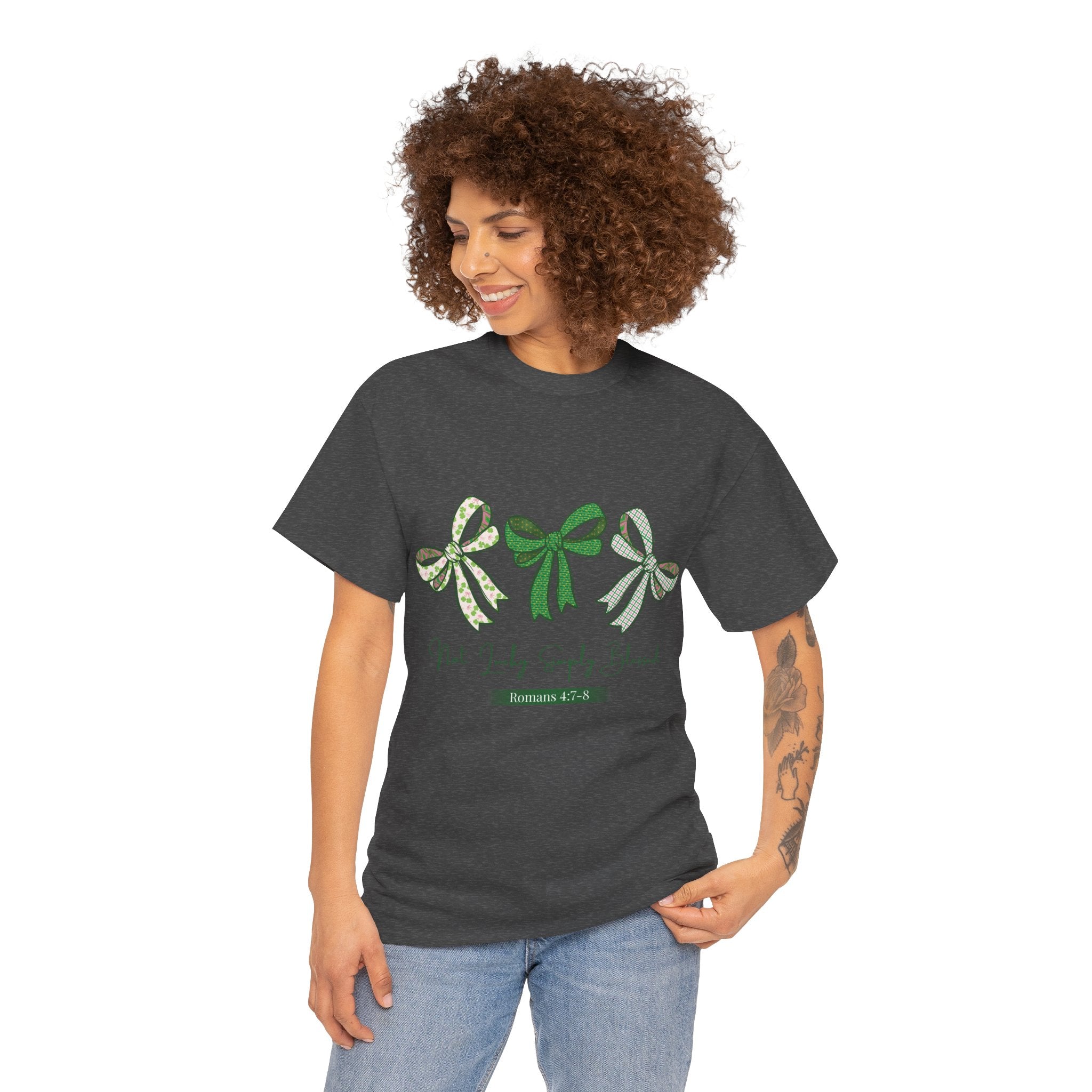 Not Lucky Simply Blessed Tee — Romans 4:7-8 Green Bow Christian Unisex Cotton T-Shirt
