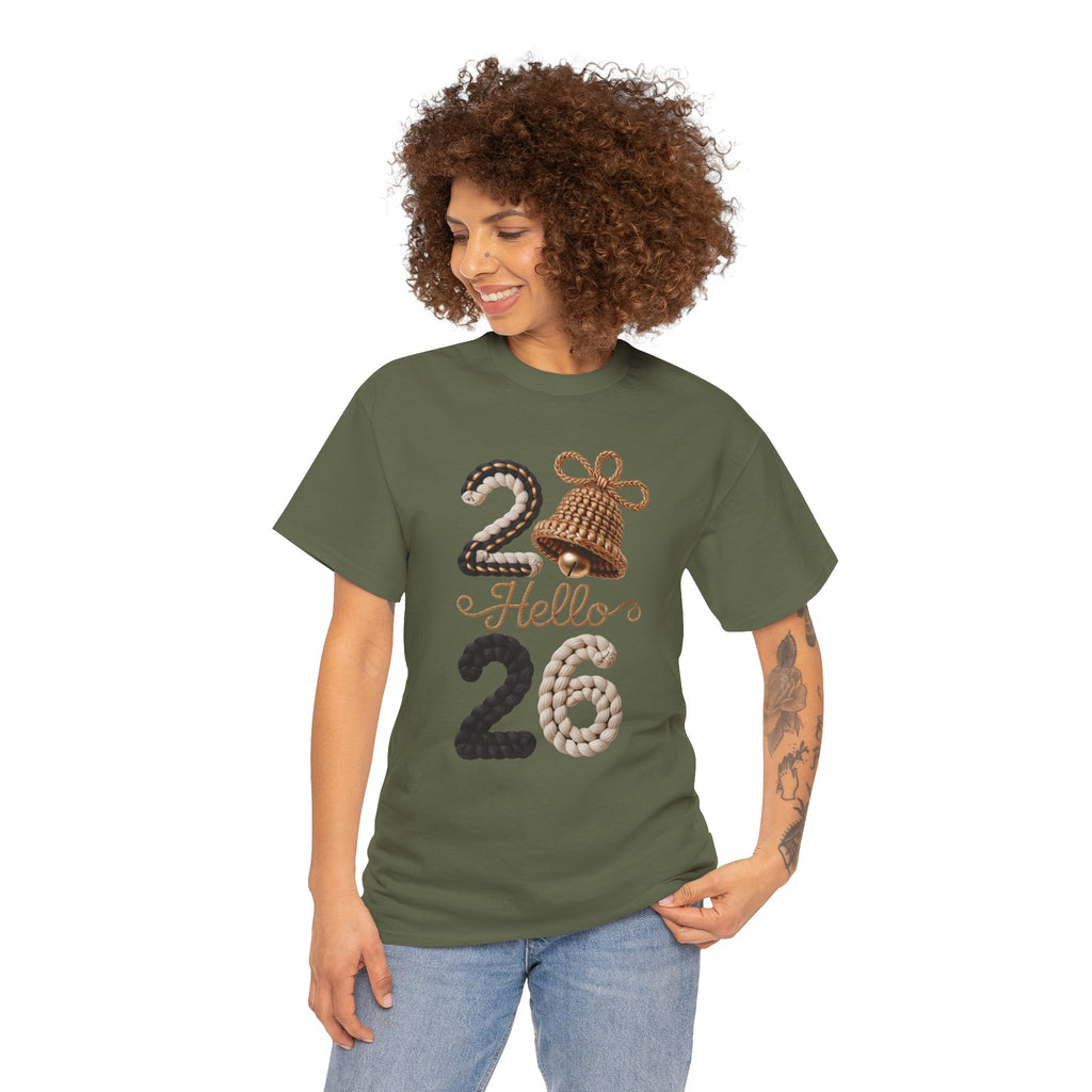 Hello 2026 Tee — Cozy Faux Yarn Braided Numbers with Woven Golden Bell..Unisex Cotton Tee