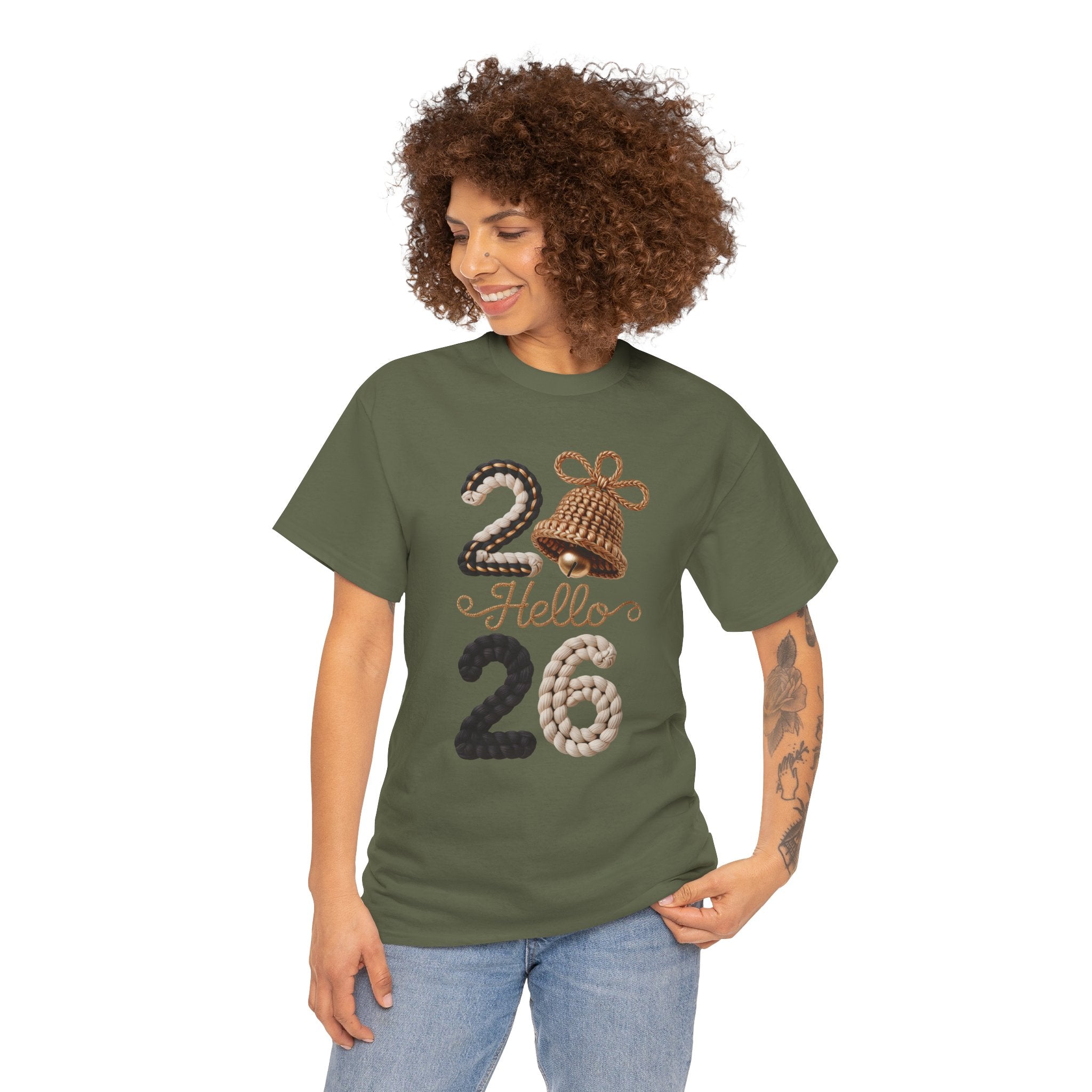 Hello 2026 Tee — Cozy Faux Yarn Braided Numbers with Woven Golden Bell..Unisex Cotton Tee