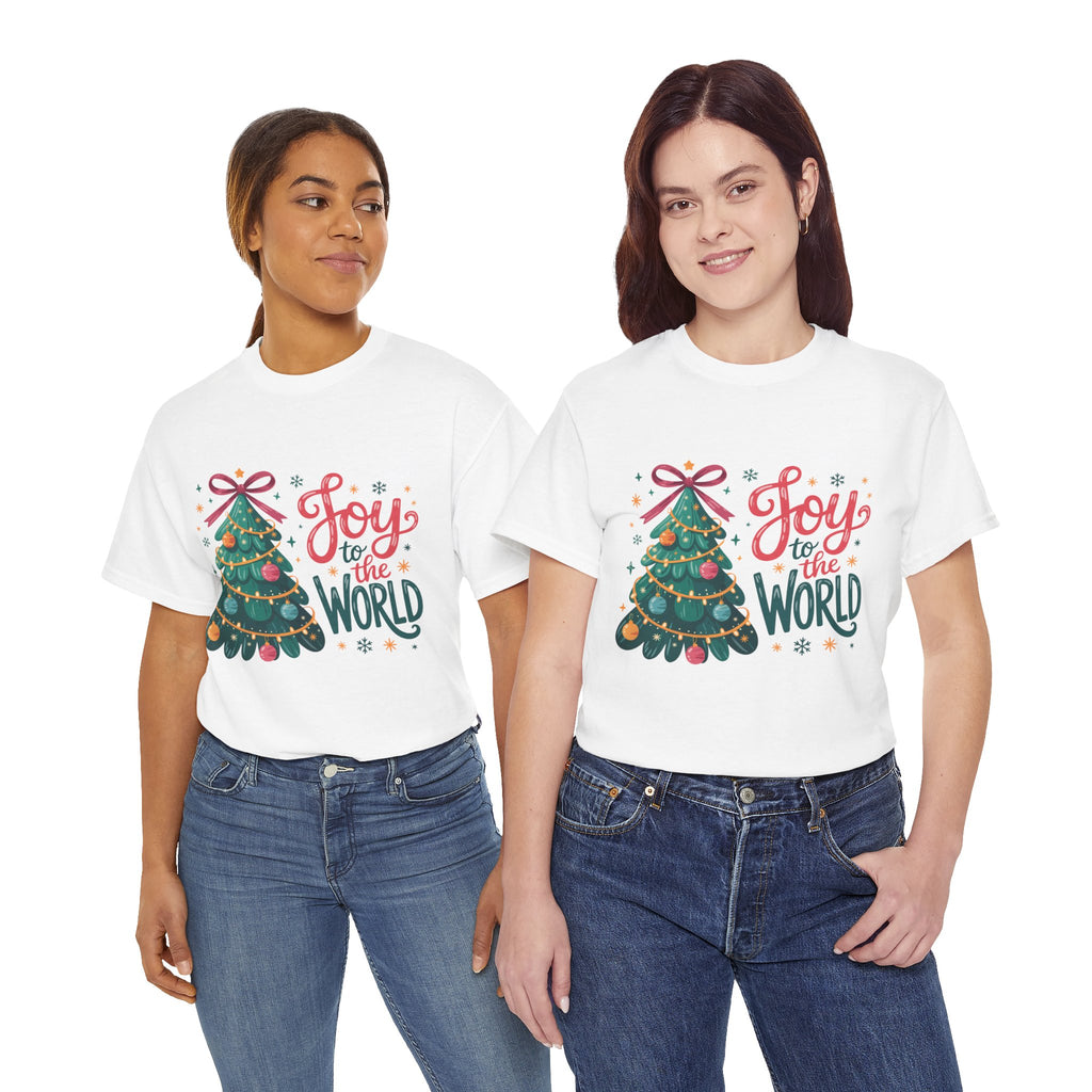 Joy to the World Christmas Tee — Festive Tree with Pink Bow..Unisex Cotton Tee