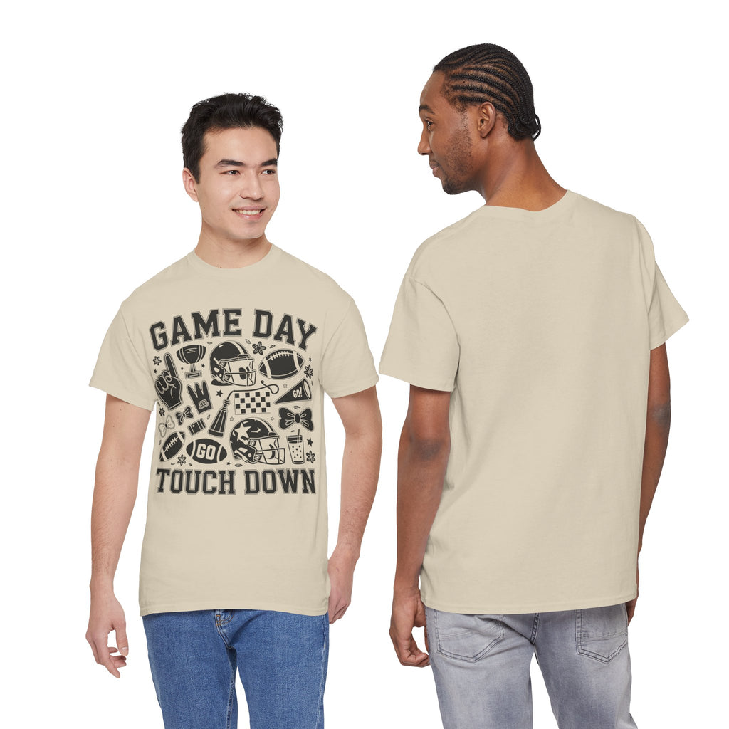 Game Day Touch Down Football T‑Shirt — Helmet & Cheer Monochrome Design Unisex Cotton Tee