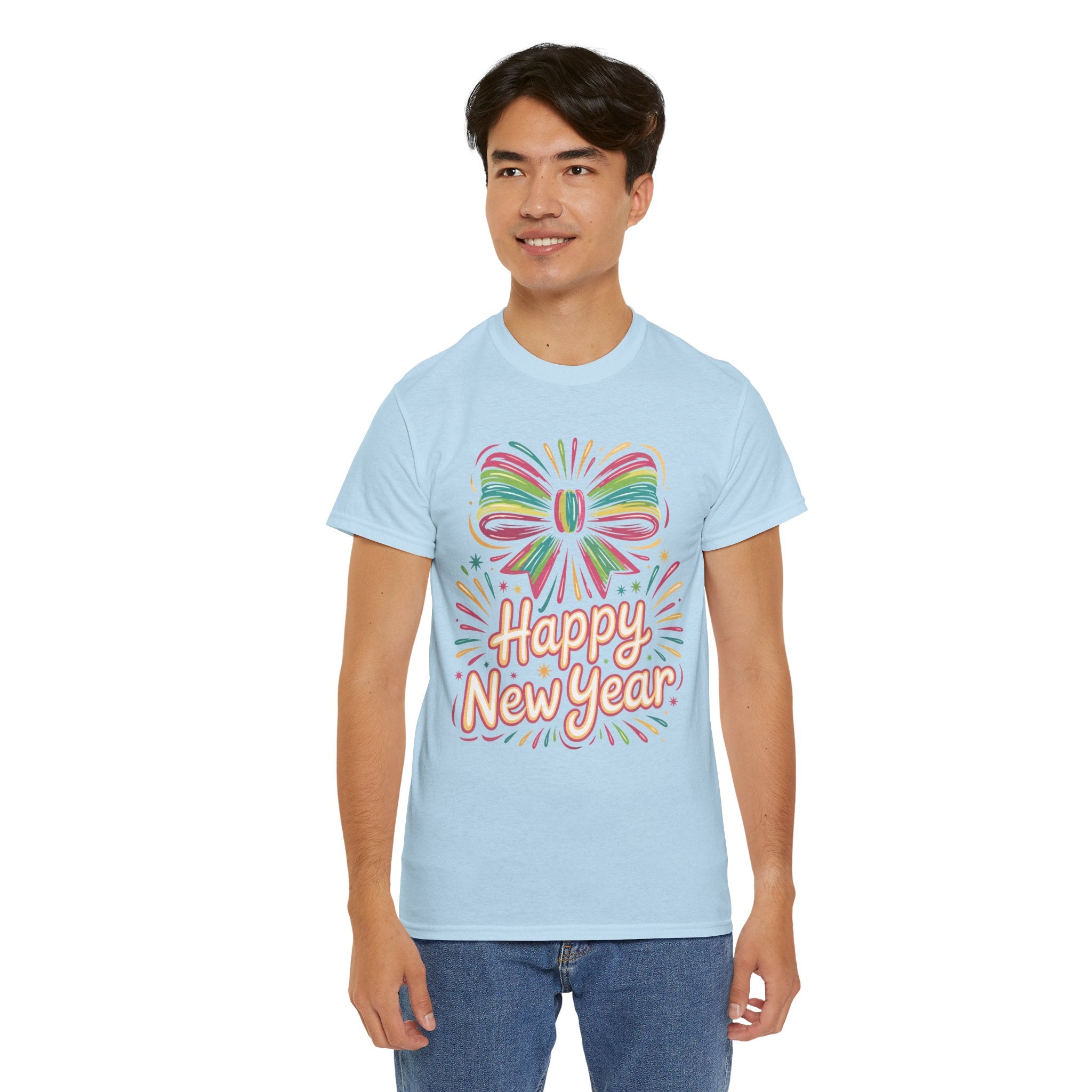 Happy New Year Pastel Tee — Rainbow Bow & Fireworks Celebration Unisex Cotton Tshirt