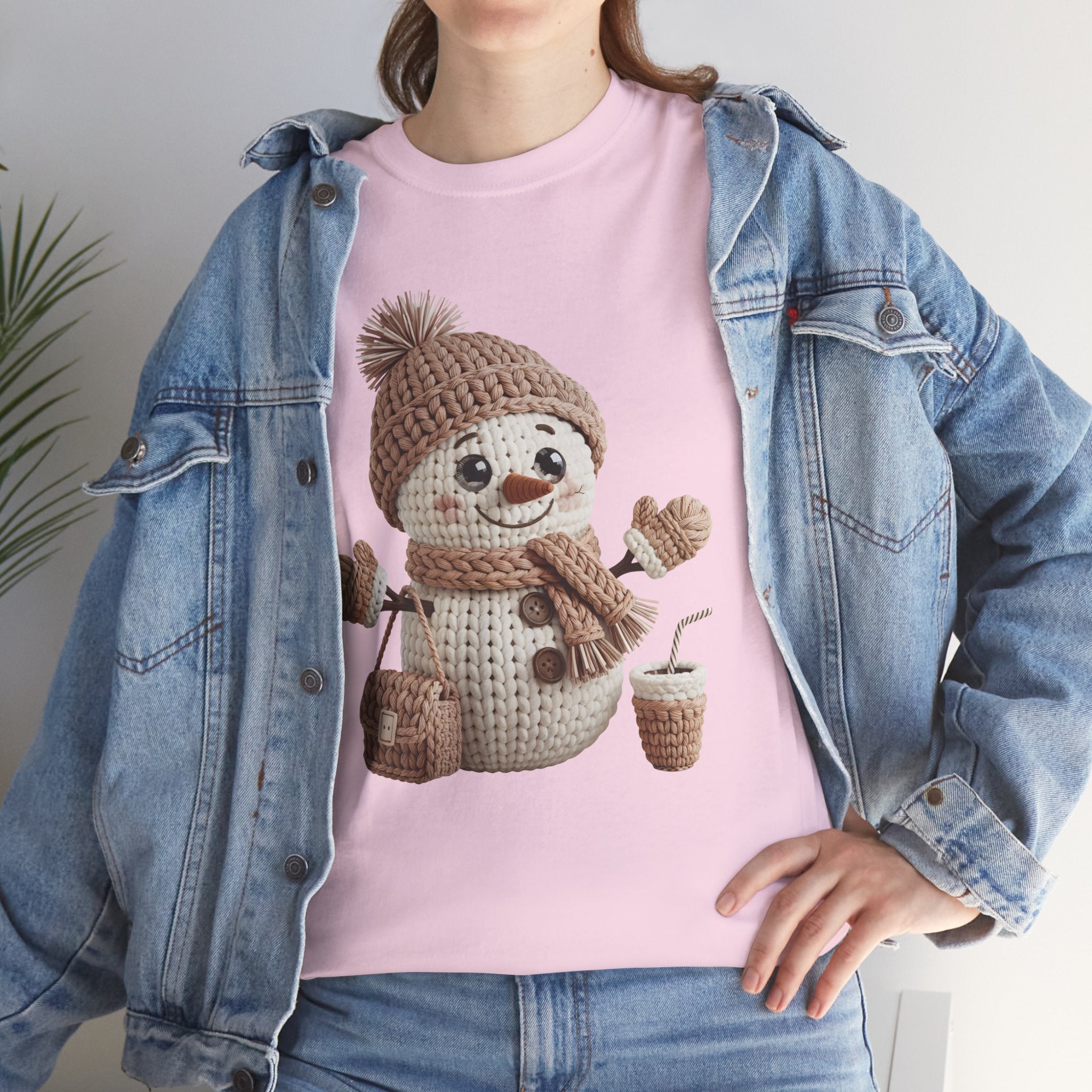 Snowman Knit‑Style Graphic Tee — Cute Faux‑Yarn Snowman with Hat, Scarf & Mittens.Unisex Cotton Tee
