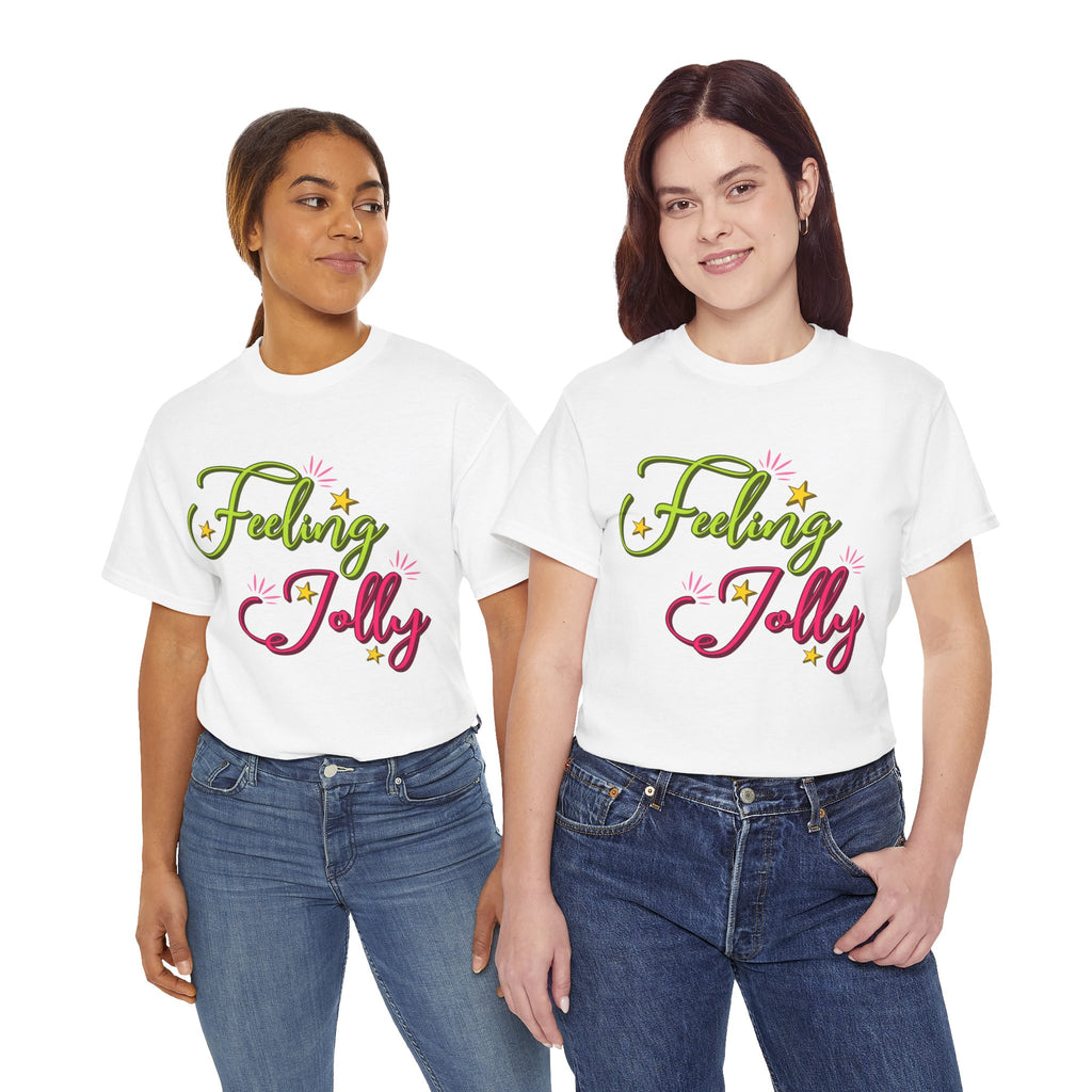 Feeling Jolly Tee — Festive Green & Pink Script with Yellow Stars Unisex Cotton Tee