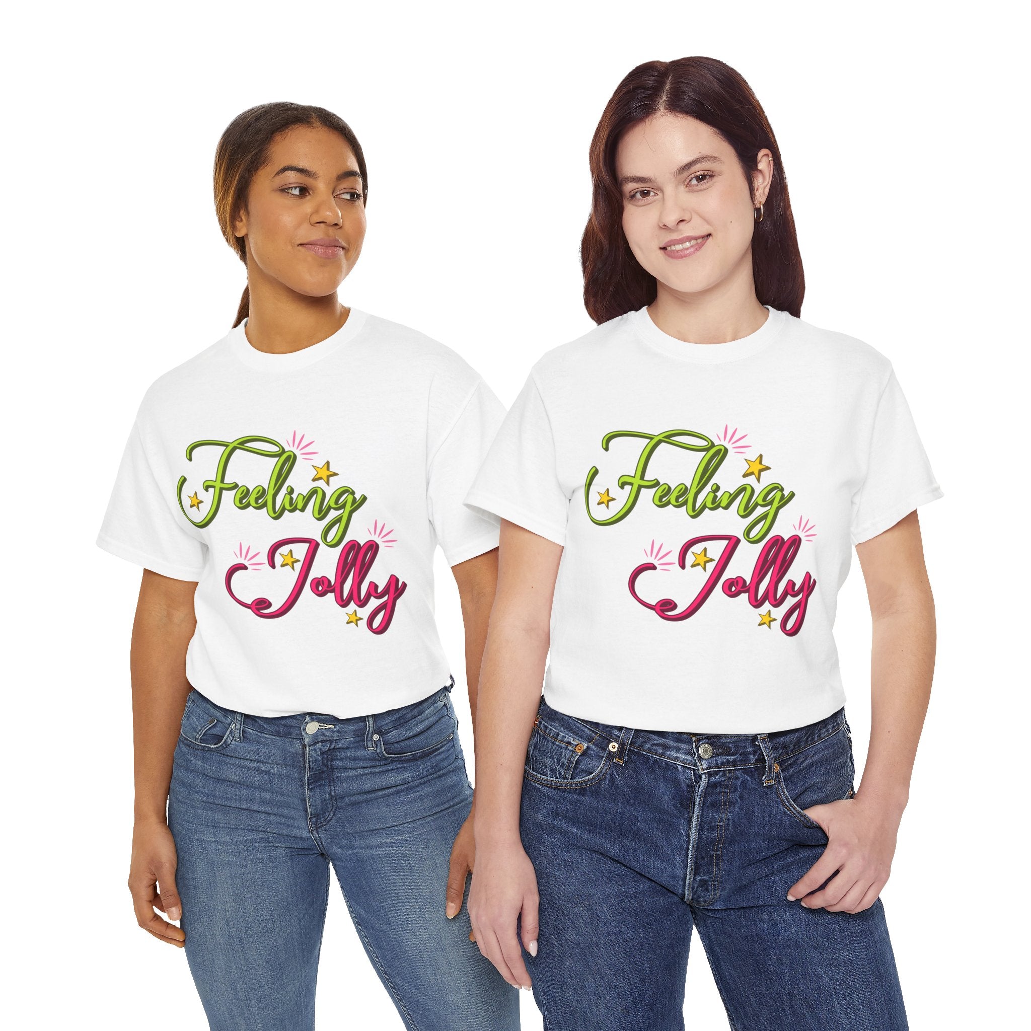 Feeling Jolly Tee — Festive Green & Pink Script with Yellow Stars Unisex Cotton Tee
