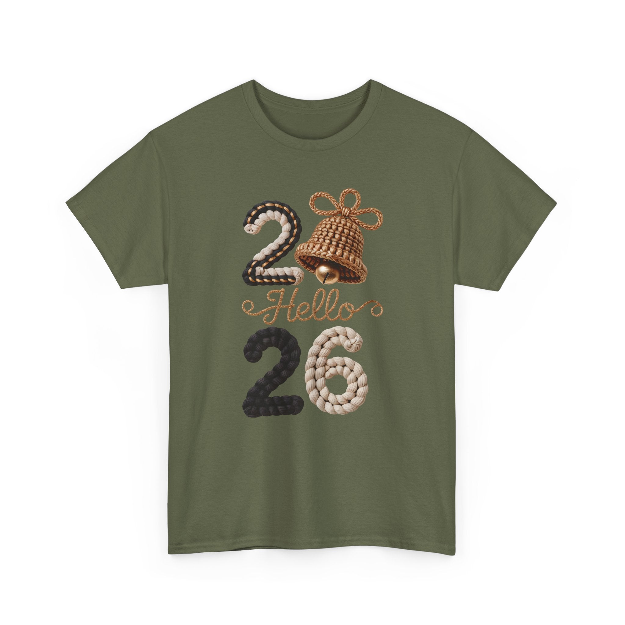 Hello 2026 Tee — Cozy Faux Yarn Braided Numbers with Woven Golden Bell..Unisex Cotton Tee