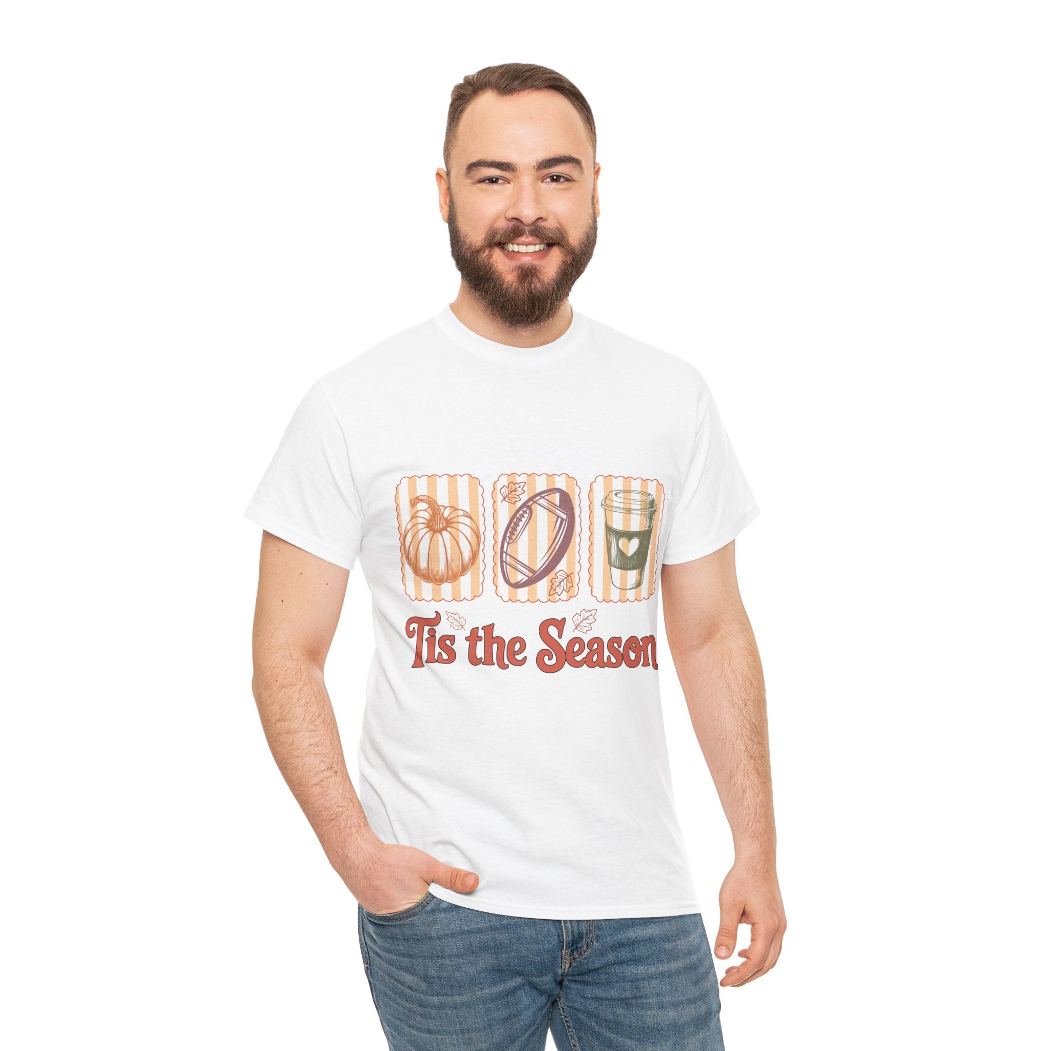 Tis the Season Pumpkin, Football & Coffee Fall Unisex Cotton T-Shirt
