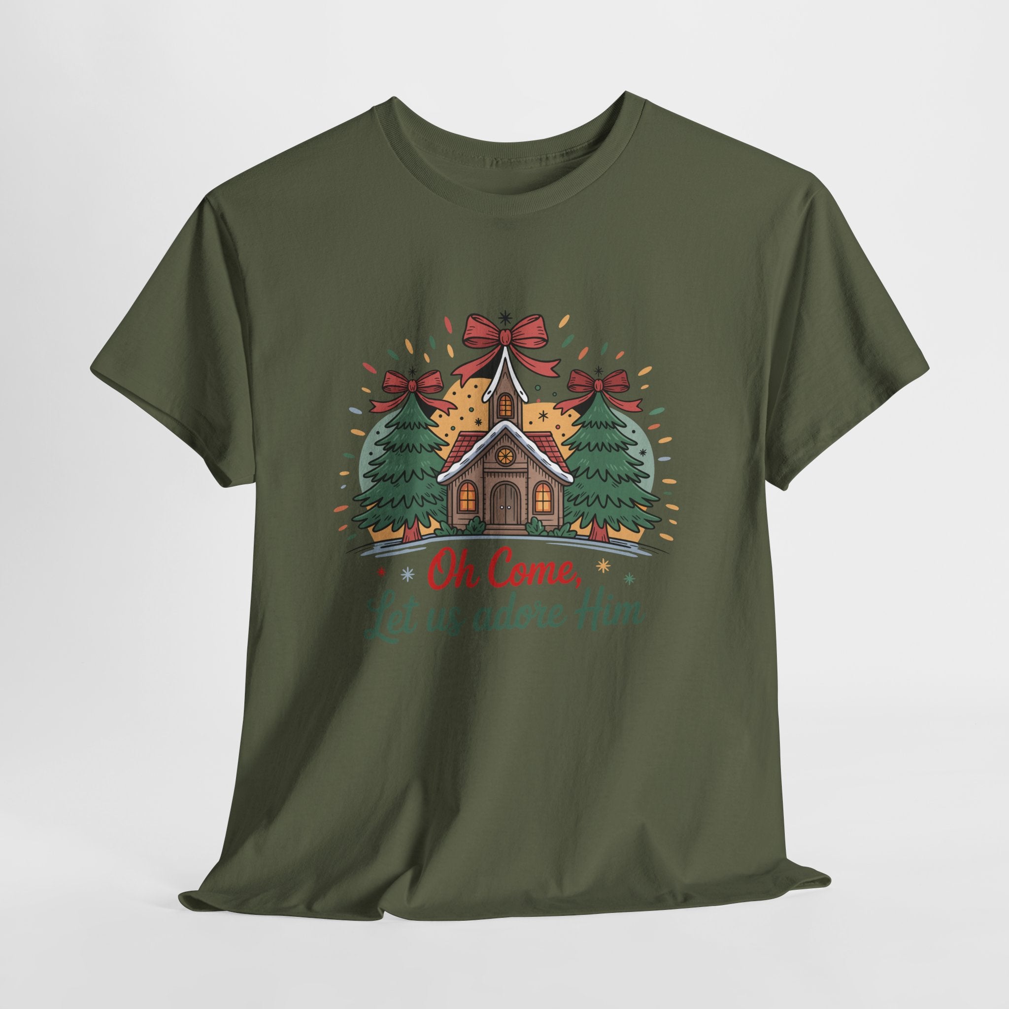 Oh Come Let Us Adore Him Christmas Tee — Church & Trees Holiday Unisex Cotton Tshirt