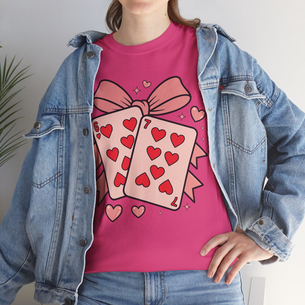 6 & 7 of Hearts T-Shirt — Paired Playing Cards with Pink Bow Unisex Cotton Tee