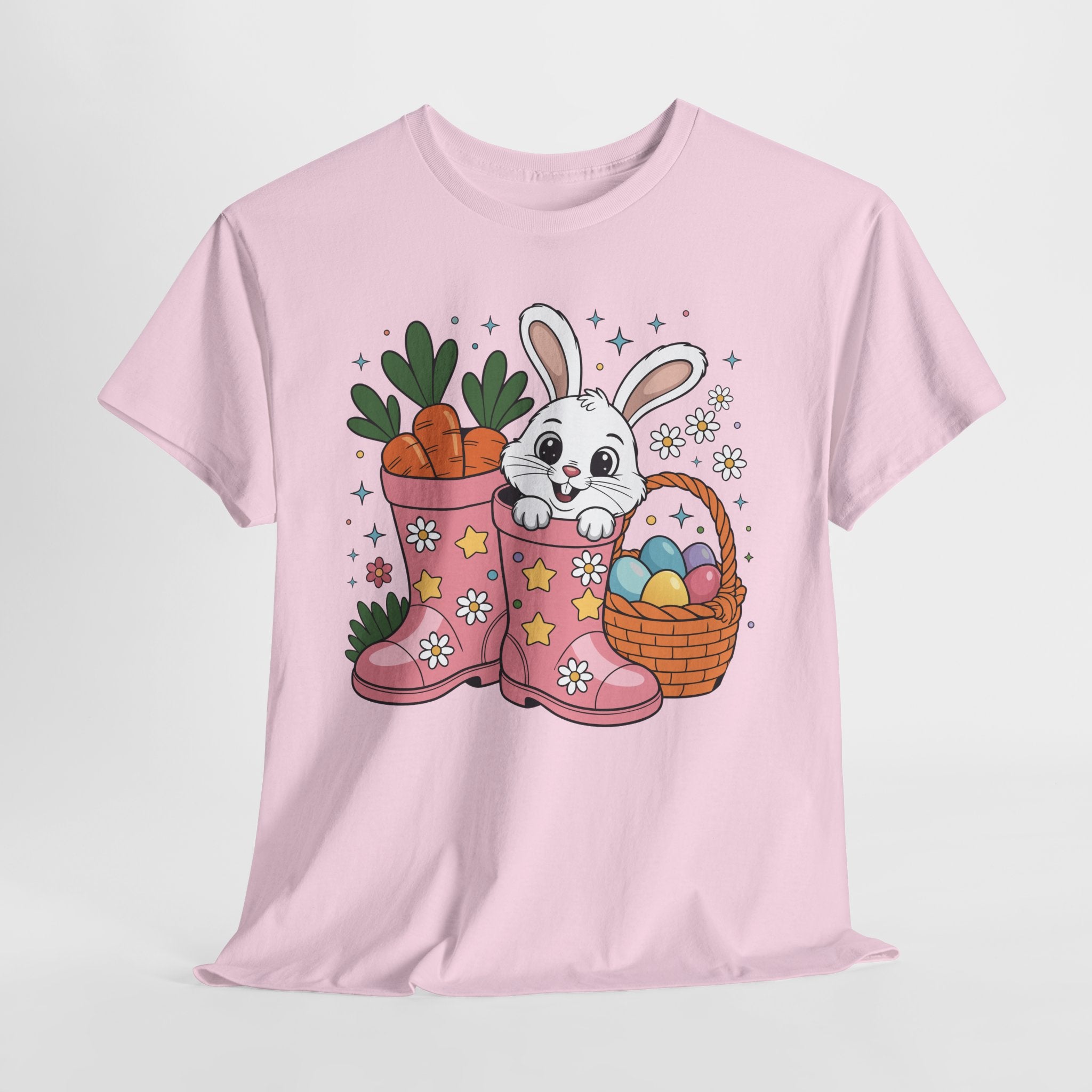 Easter Bunny in Pink Rain Boots T-Shirt — Cartoon Bunny, Carrots & Colorful Eggs Unisex Cotton Tee