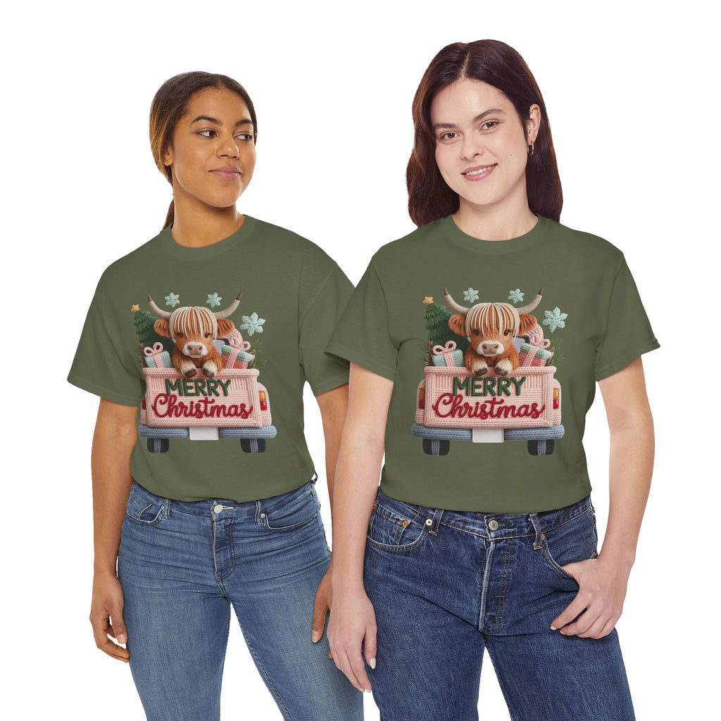 Merry Christmas Highland Cow Knit Truck Unisex Cotton T-Shirt