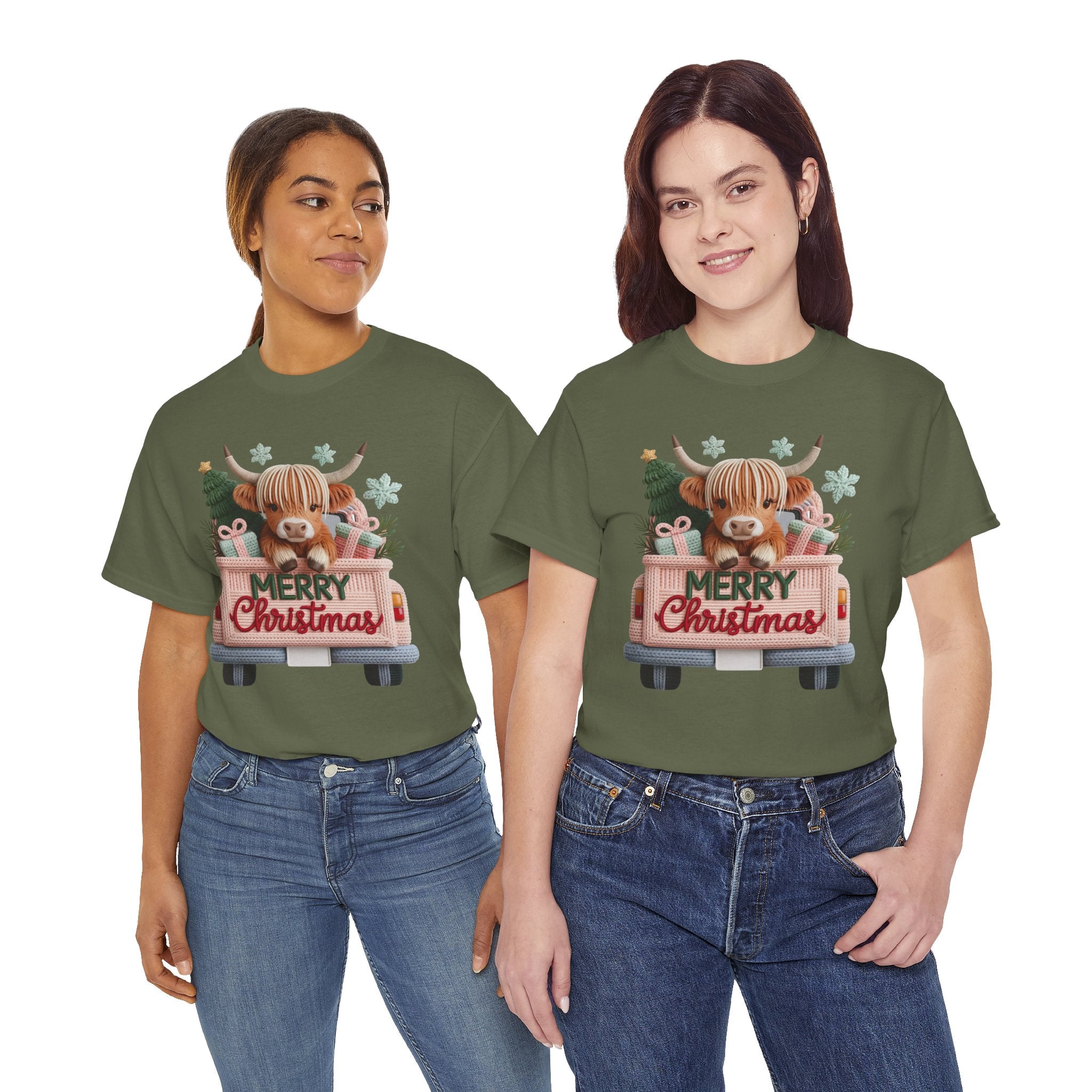 Merry Christmas Highland Cow Knit Truck Unisex Cotton T-Shirt