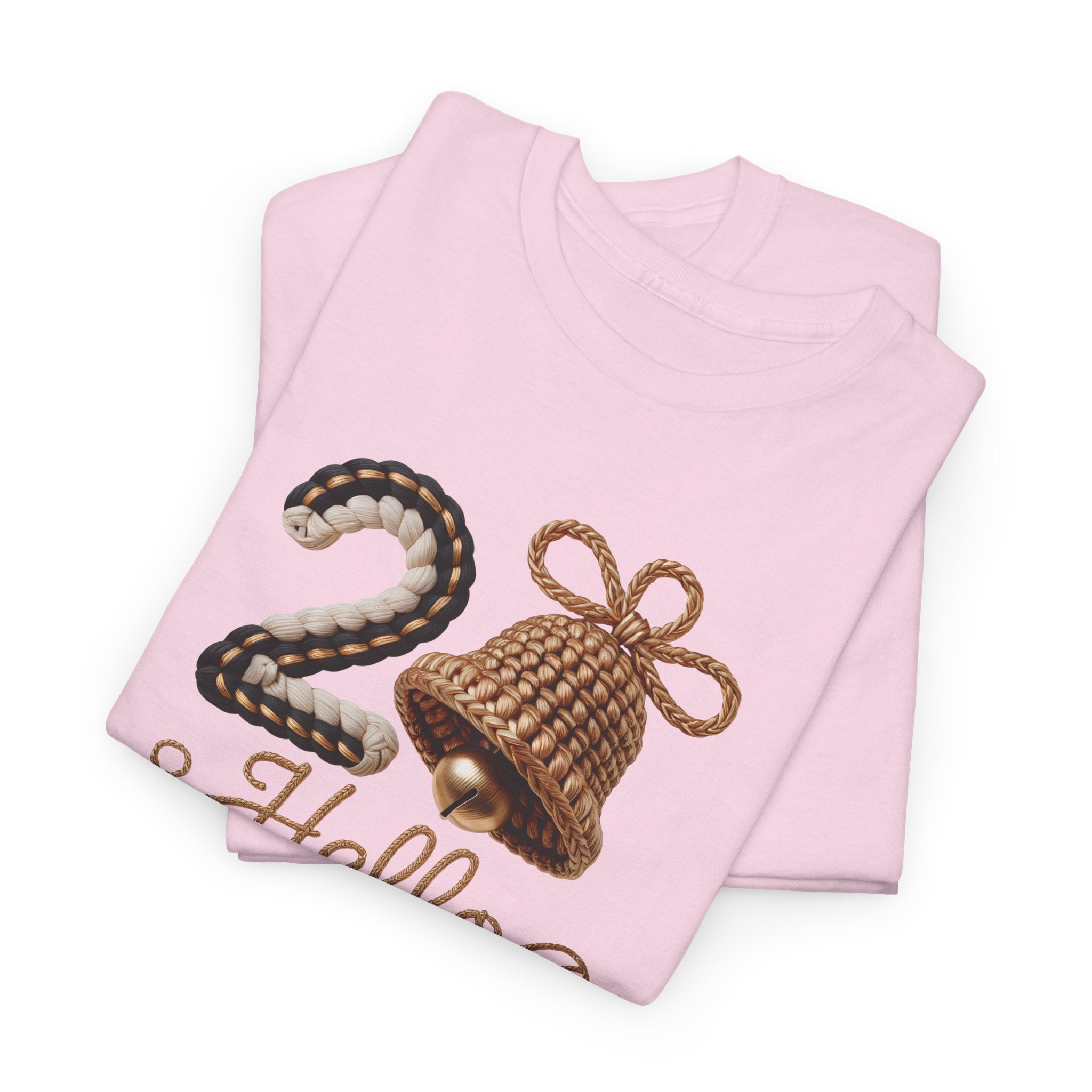 Hello 2026 Tee — Cozy Faux Yarn Braided Numbers with Woven Golden Bell..Unisex Cotton Tee