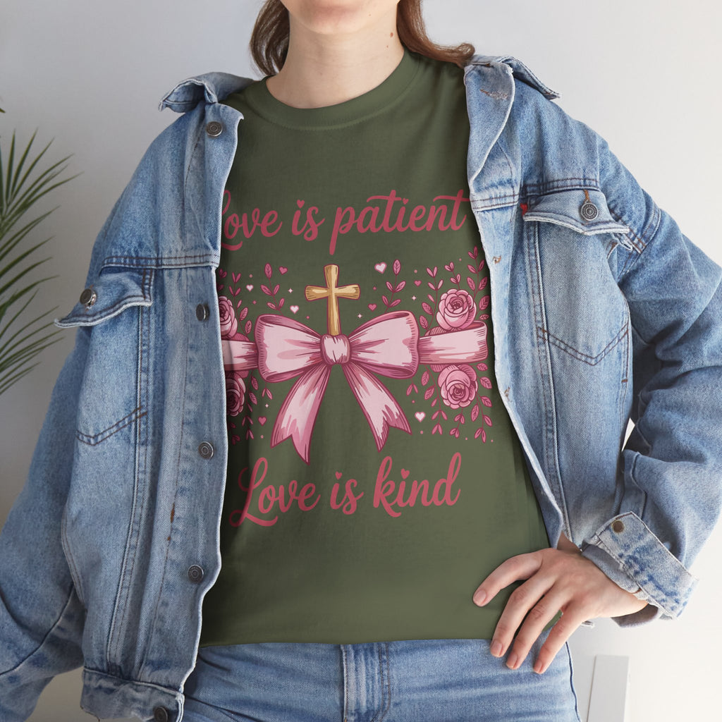 Christian Floral Tee — "Love is Patient, Love is Kind" Pink Rose Cross. Unisex Cotton Tee