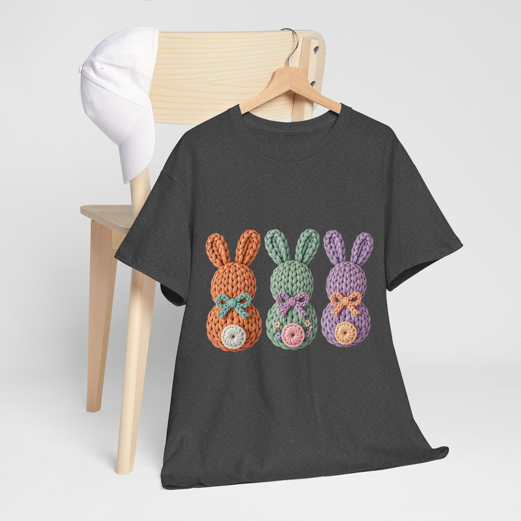 Pastel Crochet Bunny Tee — Trio of Faux Knit Bunnies with Bows & Flowers Unisex Cotton Tee