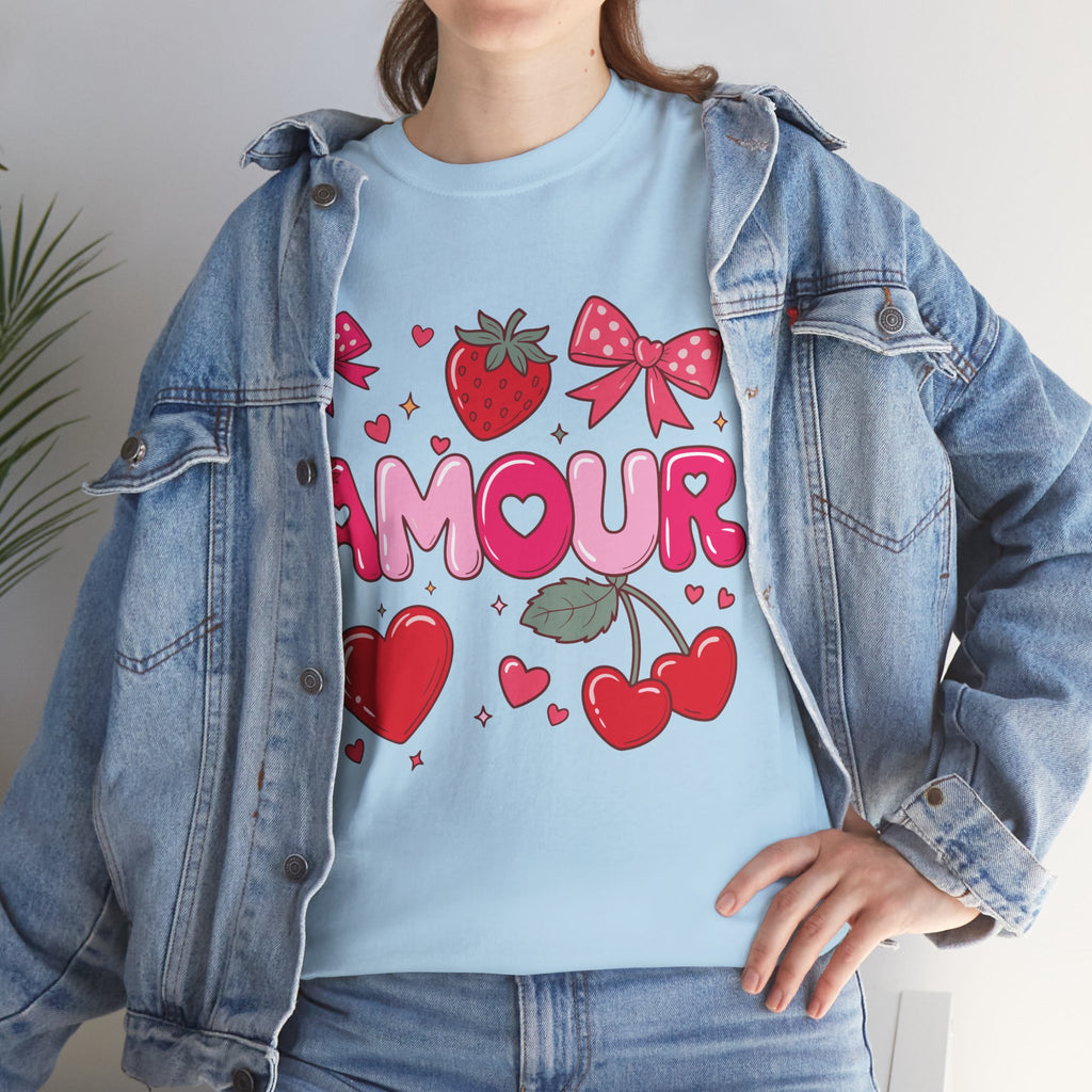 Amour Pink Hearts Tee — Shiny Lettering with Bows, Cherries & Strawberry Accent...Unisex Cotton Tee