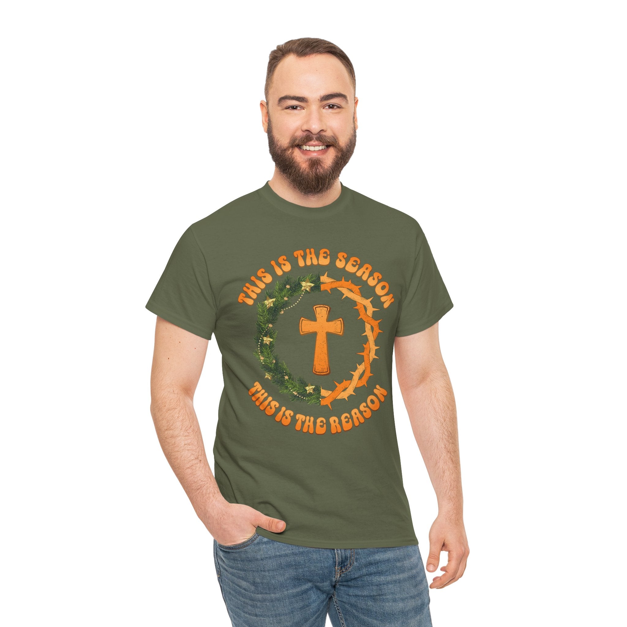 Christian T‑Shirt — "This is the Season, This is the Reason" (Golden Cross, Wreath & Crown of Thorns)..Unisex Cotton Tee