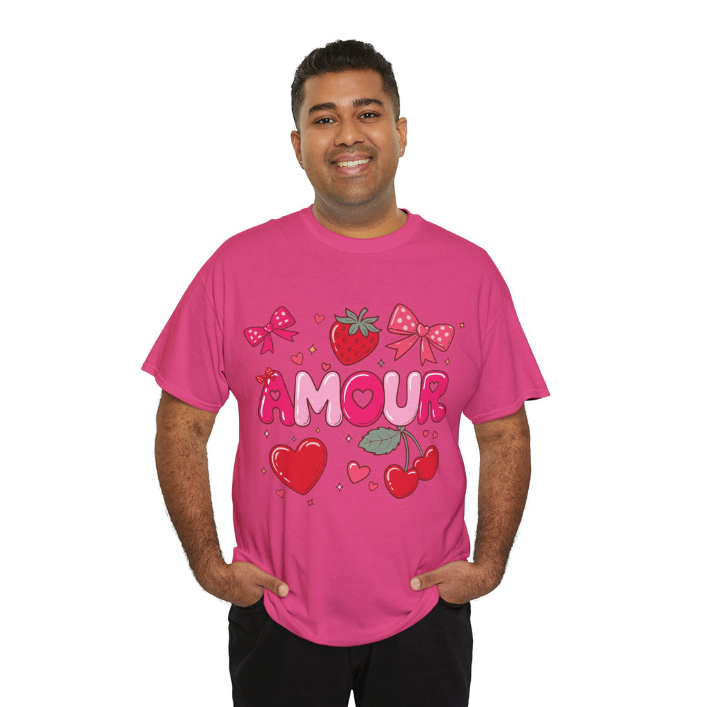 Amour Pink Hearts Tee — Shiny Lettering with Bows, Cherries & Strawberry Accent...Unisex Cotton Tee