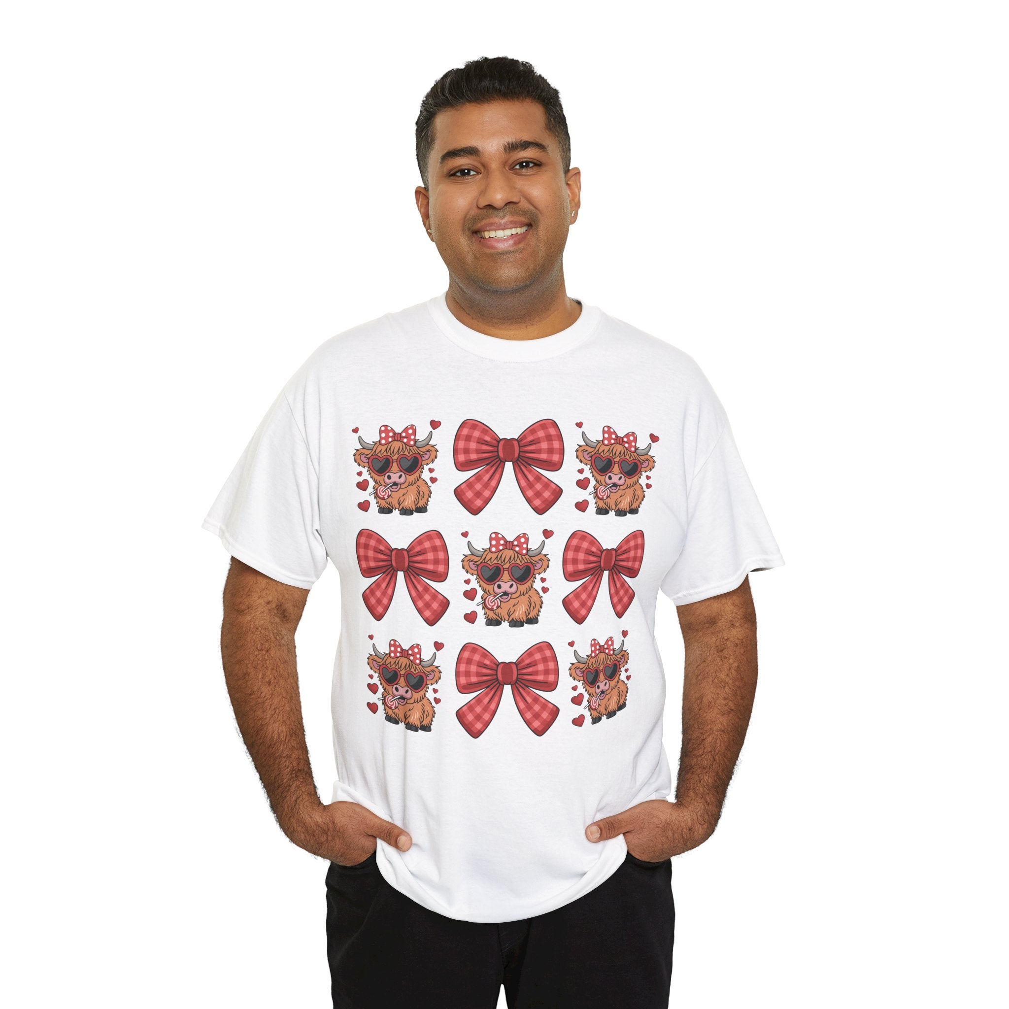 Valentine Cow Checkered Tee — Fluffy Cows with Heart Sunglasses & Red Bows..Unisex Cotton Tee