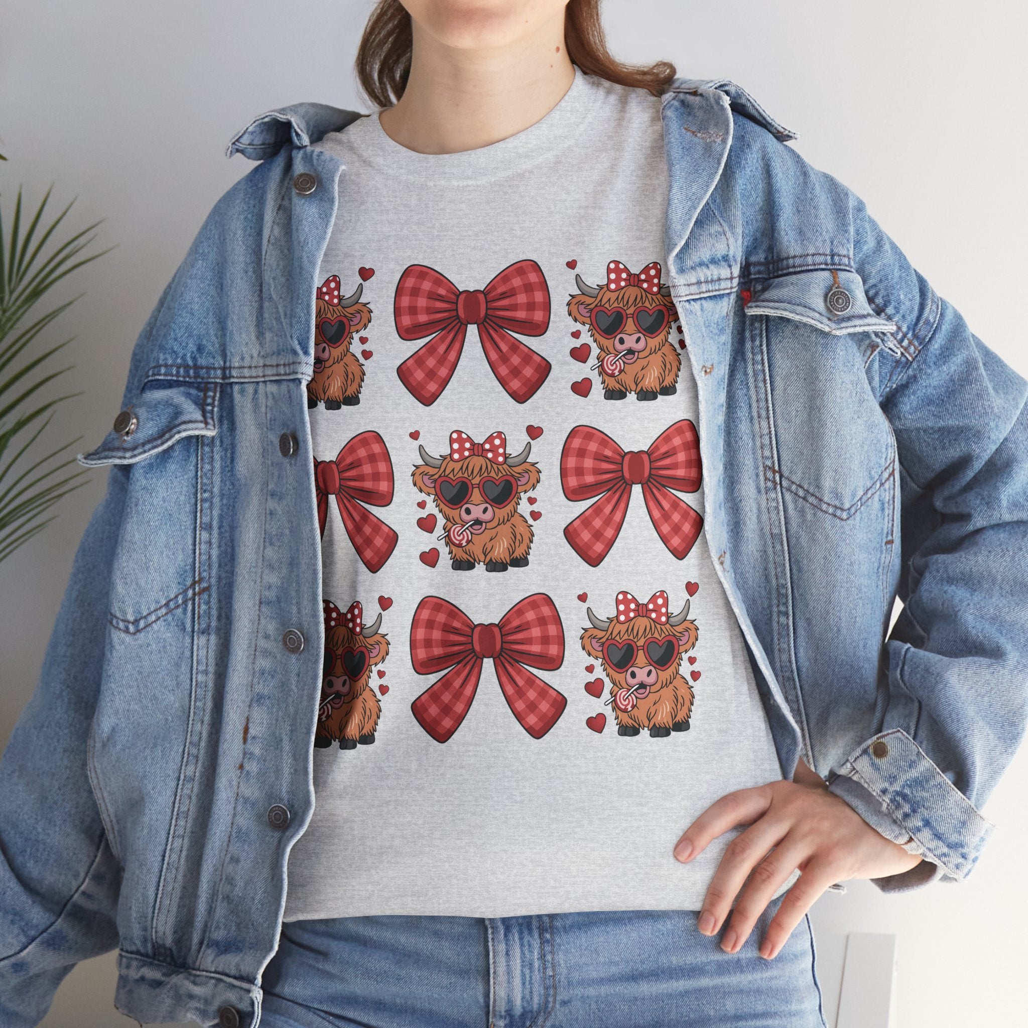 Valentine Cow Checkered Tee — Fluffy Cows with Heart Sunglasses & Red Bows..Unisex Cotton Tee