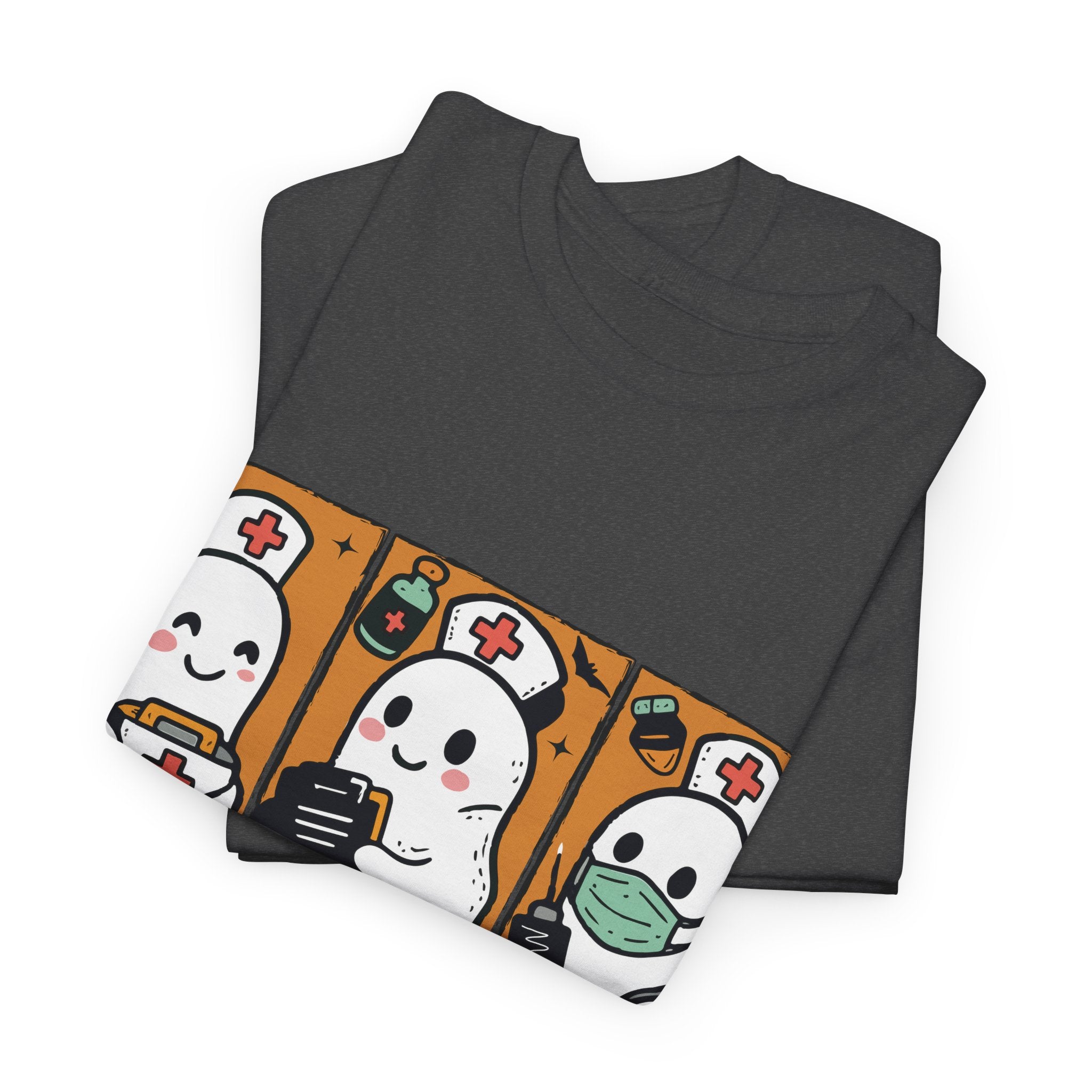 Halloween Nurse T-Shirt — Ghost Nurses Holding Medical Tools on Orange Unisec Cotton Tee