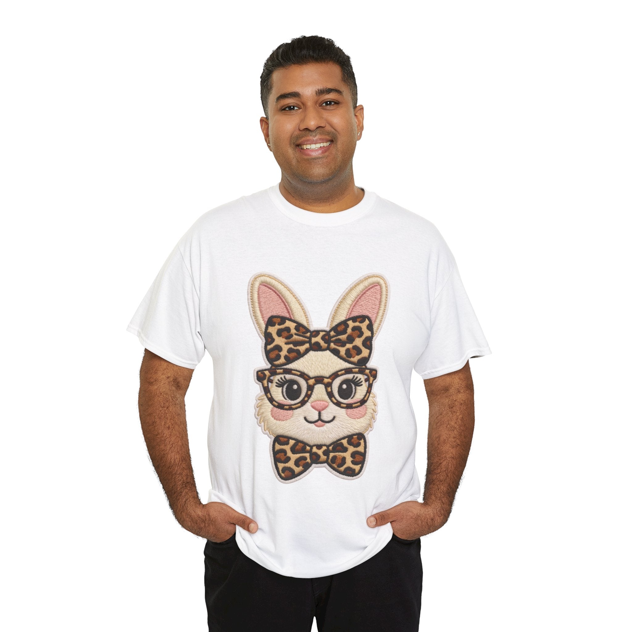 Leopard Bow Bunny Embroidered Tee — Cute Bunny Face with Glasses Patch Unisex Cotton Tee