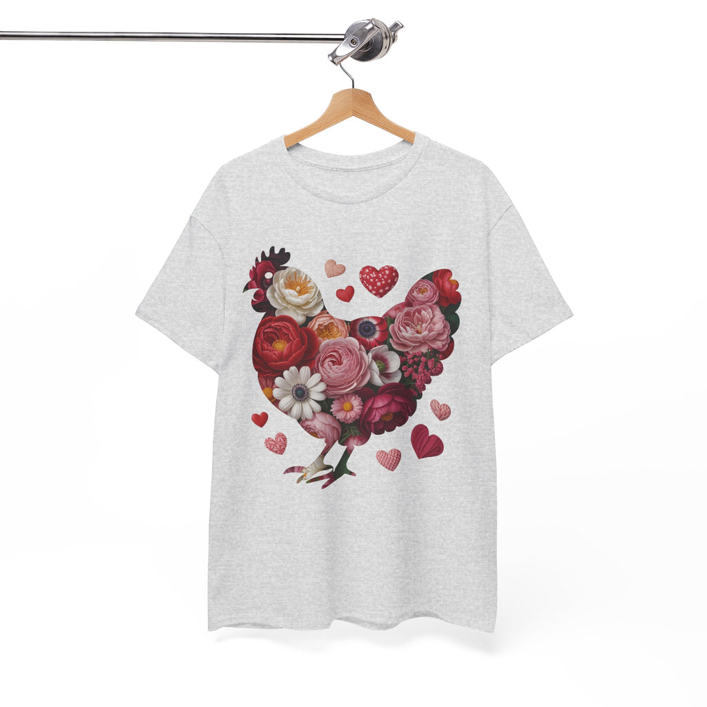 Floral Chicken Heart Tee — Red & Pink Flower Silhouette Unisex Cotton Tee