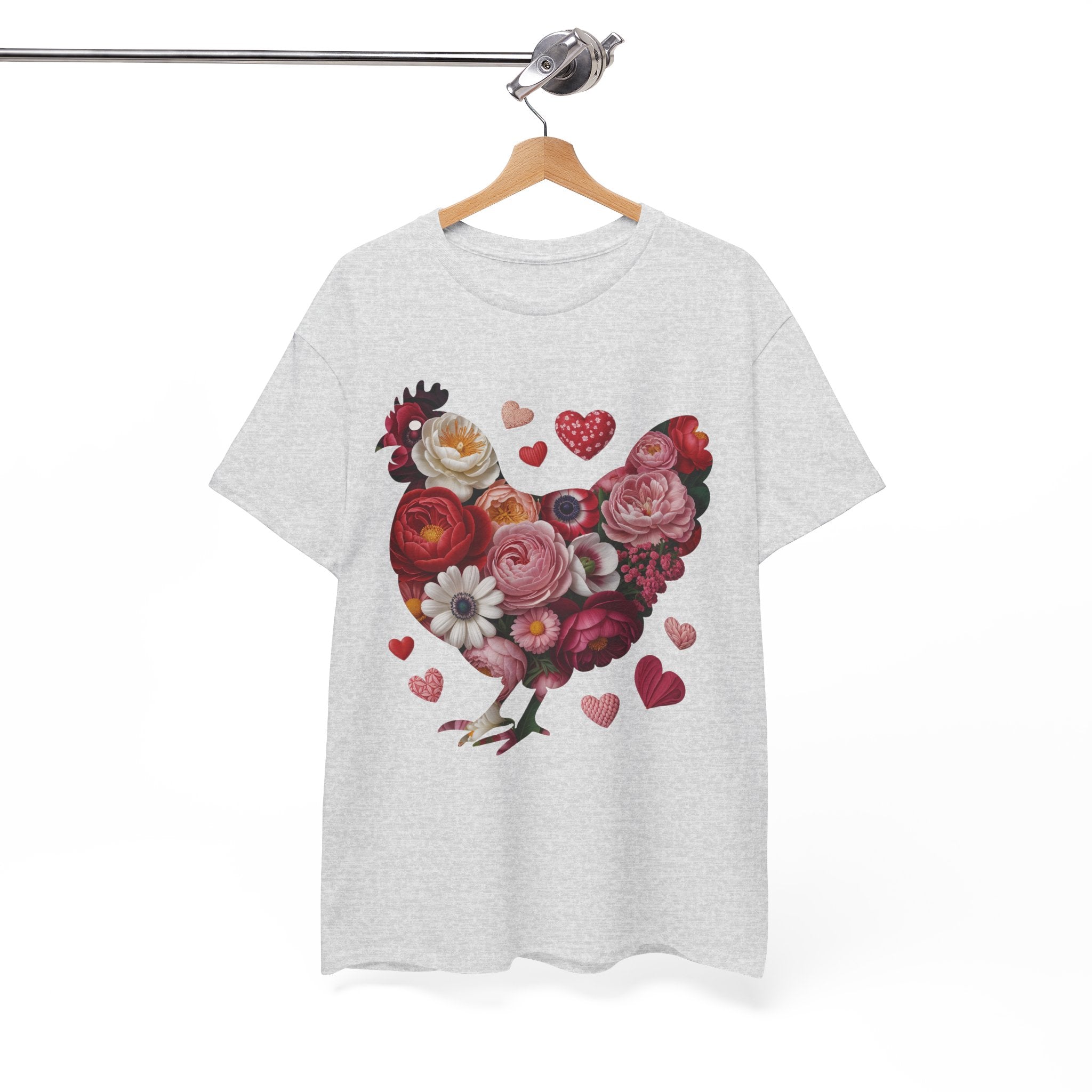Floral Chicken Heart Tee — Red & Pink Flower Silhouette Unisex Cotton Tee