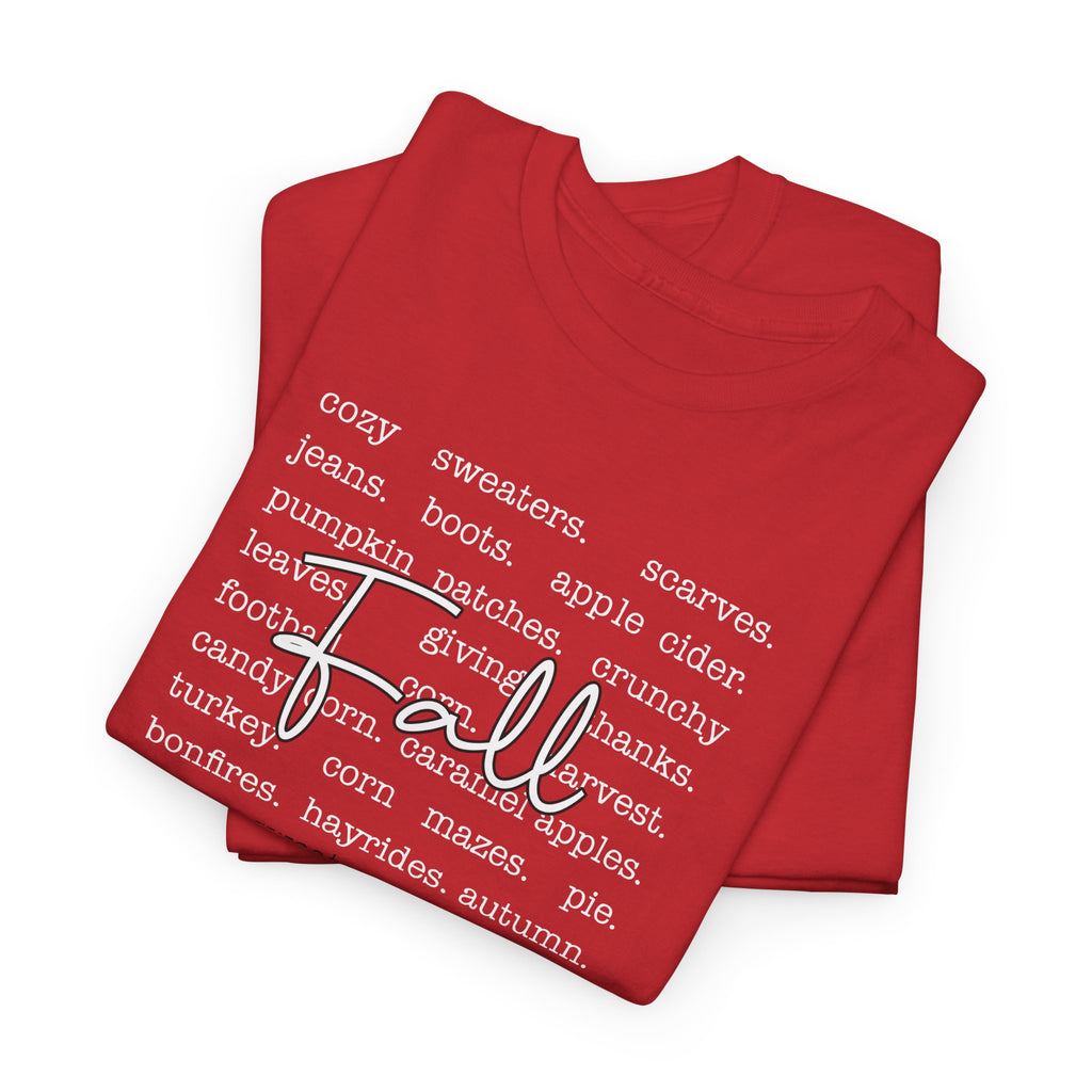 Fall Cursive Typography T-Shirt — Sweaters, Cider & Pumpkins. Unisex Cotton Tee