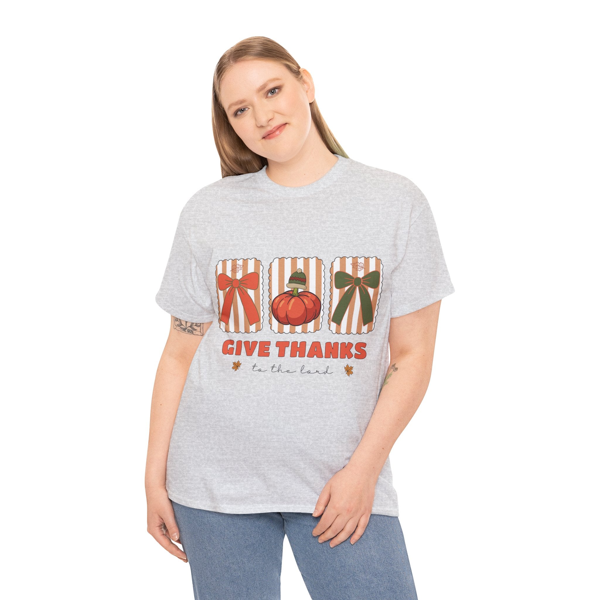 Give Thanks Thanksgiving T-Shirt — Pumpkin with Hat & Bows Unisex Cotton Tee