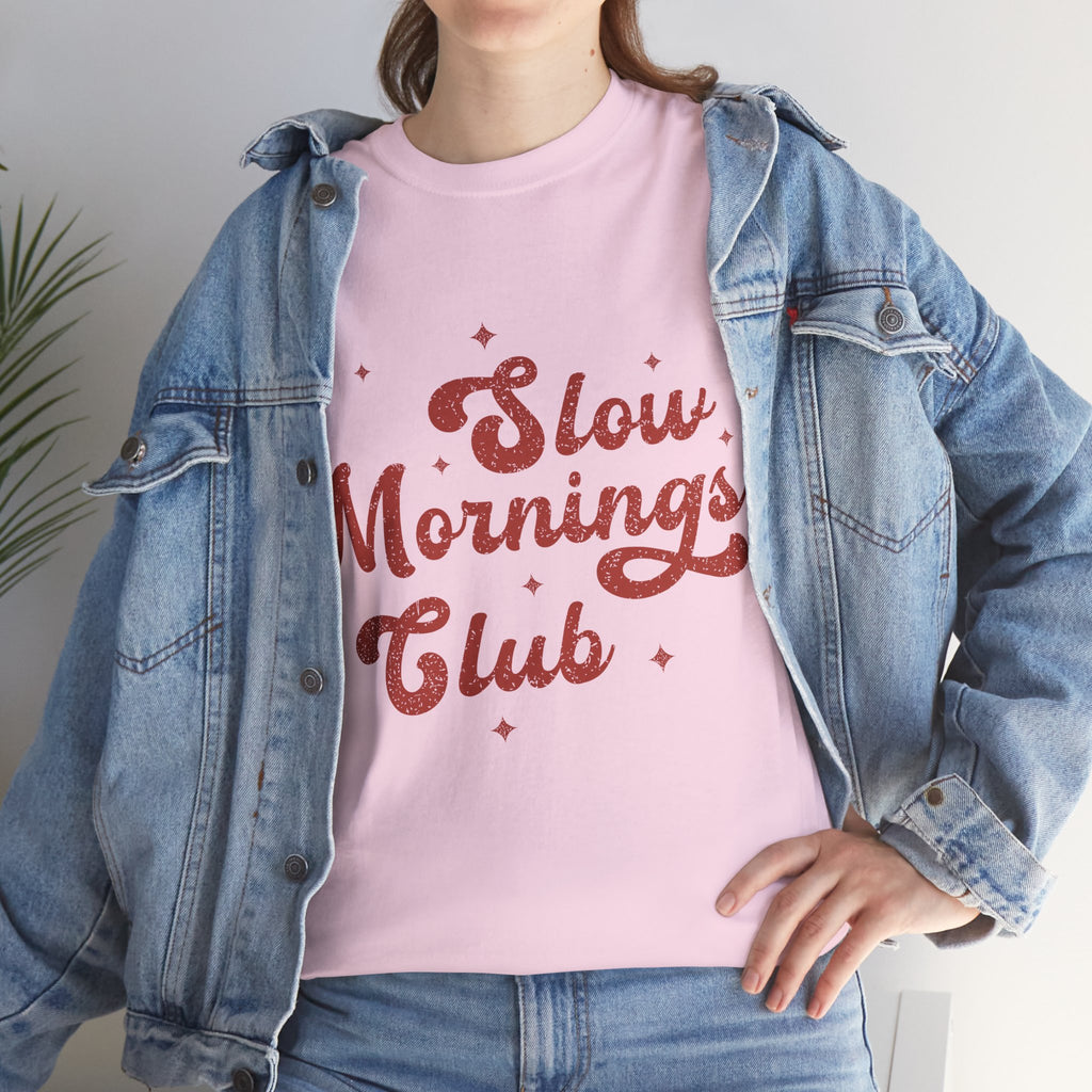 Slow Mornings Club T-Shirt — Retro Red Sparkle Unisex Cotton Tee