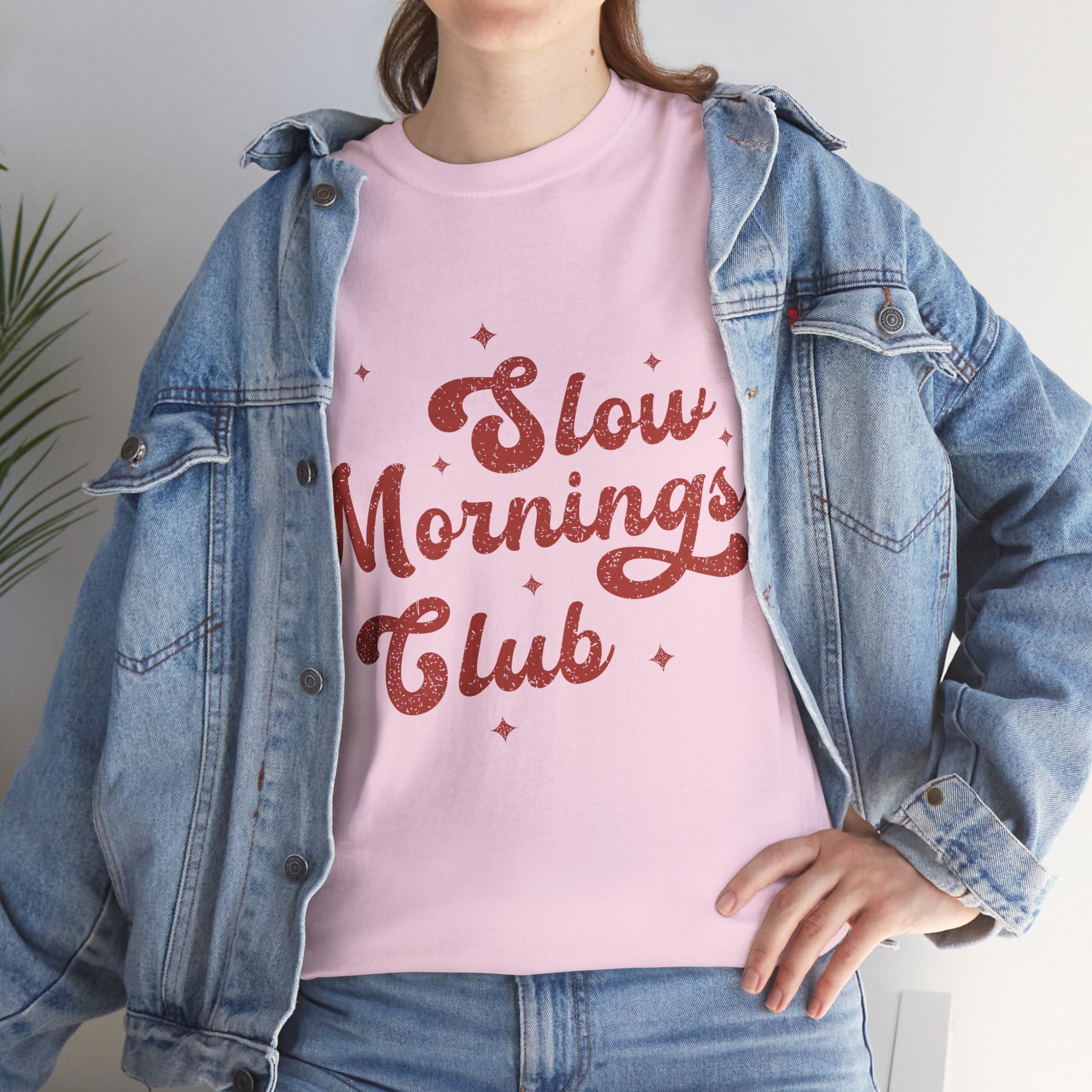 Slow Mornings Club T-Shirt — Retro Red Sparkle Unisex Cotton Tee
