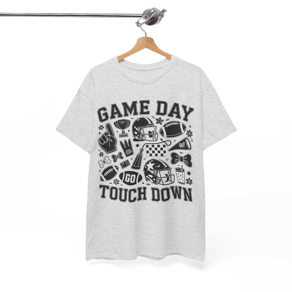 Game Day Touch Down Football T‑Shirt — Helmet & Cheer Monochrome Design Unisex Cotton Tee