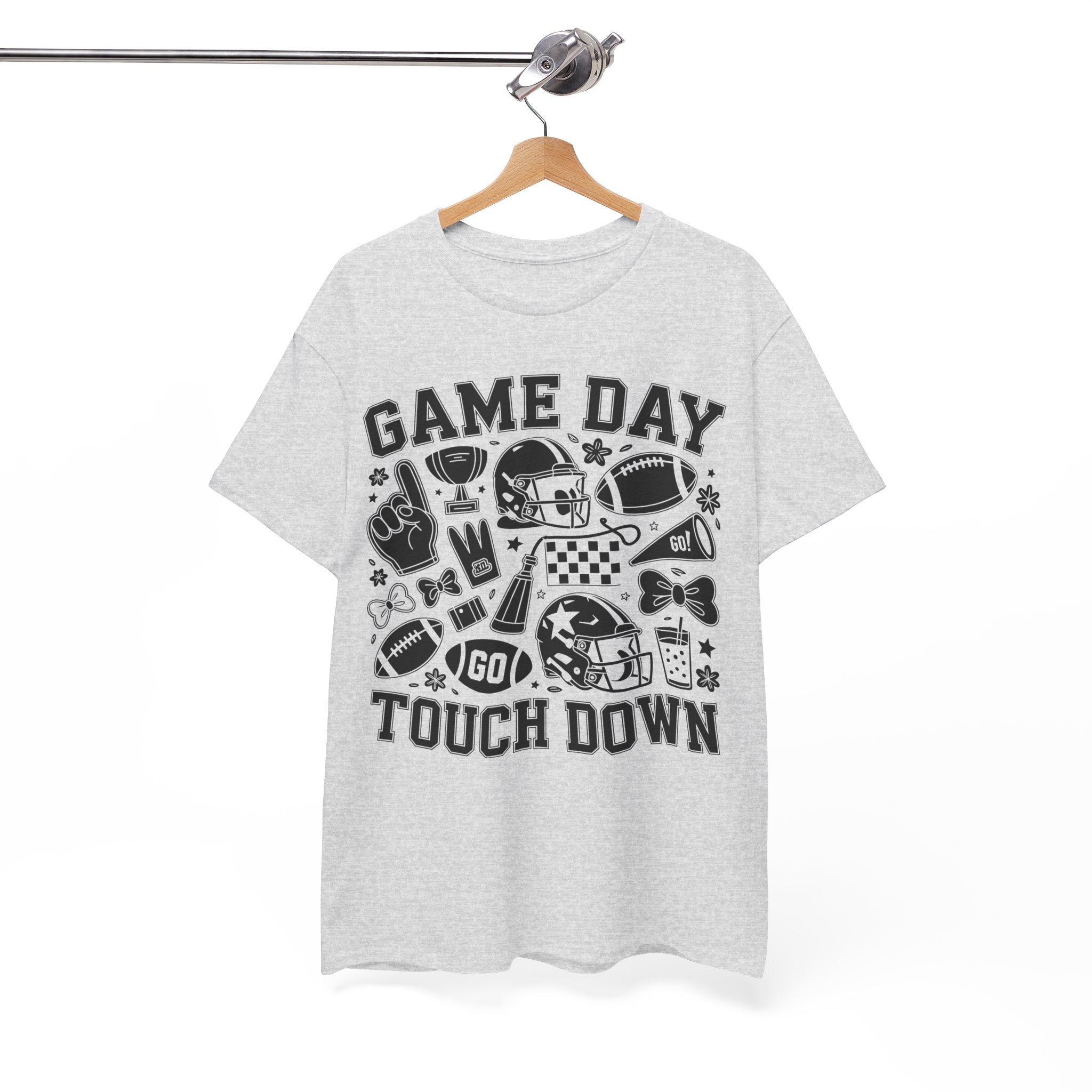 Game Day Touch Down Football T‑Shirt — Helmet & Cheer Monochrome Design Unisex Cotton Tee