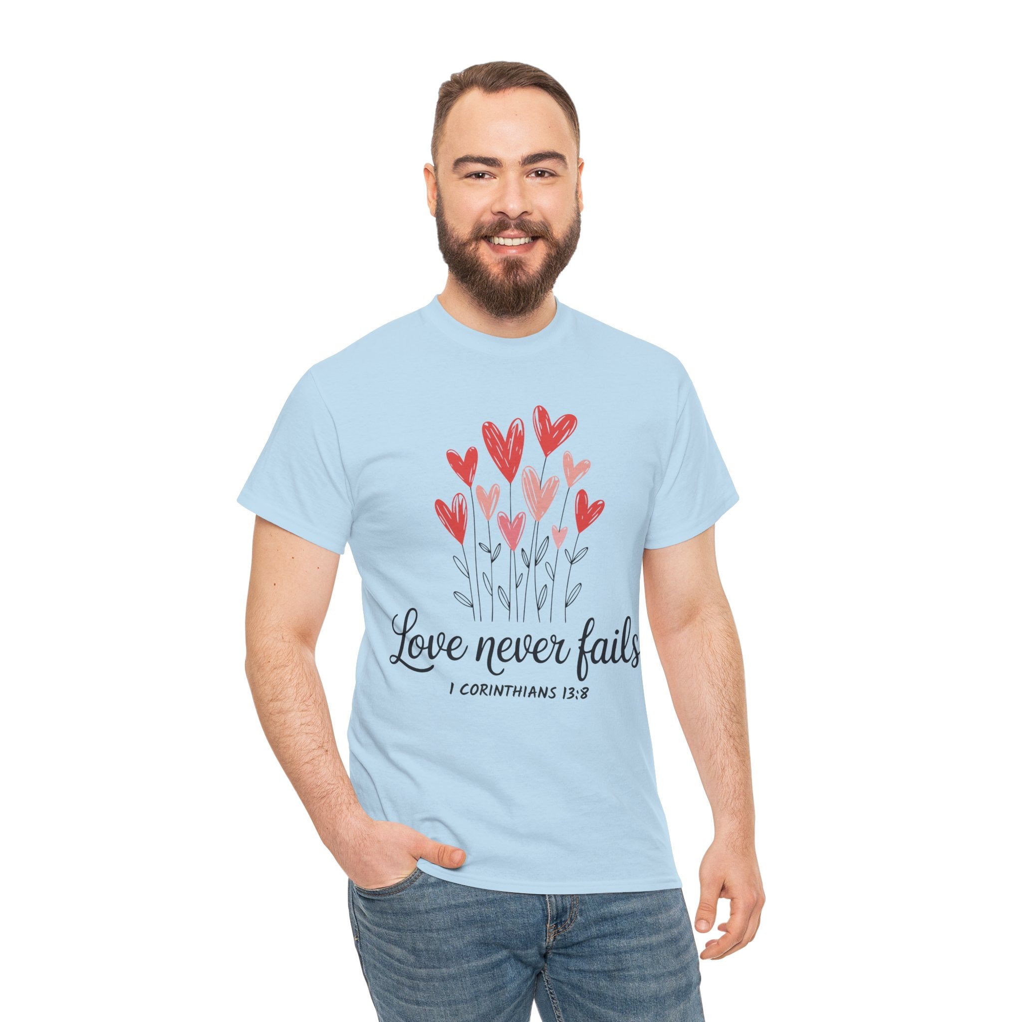 Christian Valentine T-Shirt — "Love Never Fails" (1 Corinthians 13:8) Unisex Cotton Tee